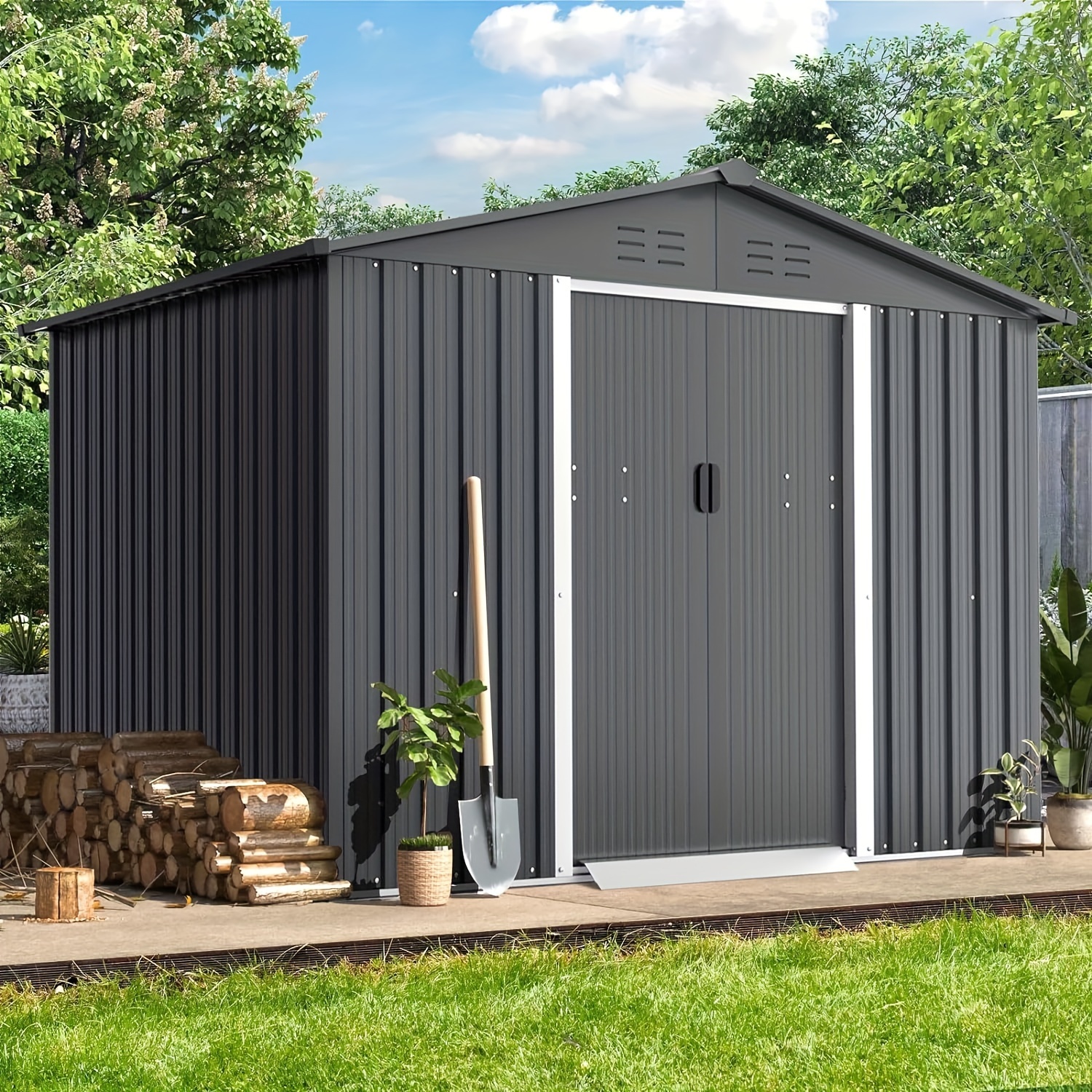

8x6 Ft Outdoor Garden Storage Shed Patio Storage Tool Shed With Sliding Door For Lawn Equipment, Garden, Backyard, Gray