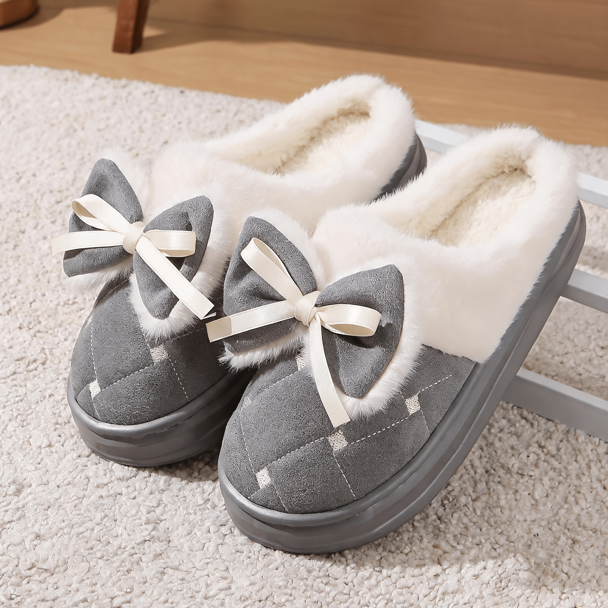 TEMU New Women's Bow Plush Slippers, Autumn/winter Furry Cute Embroidered House Shoes, Large Size Daily Wear Warm Slippers For Women, Women Shoes