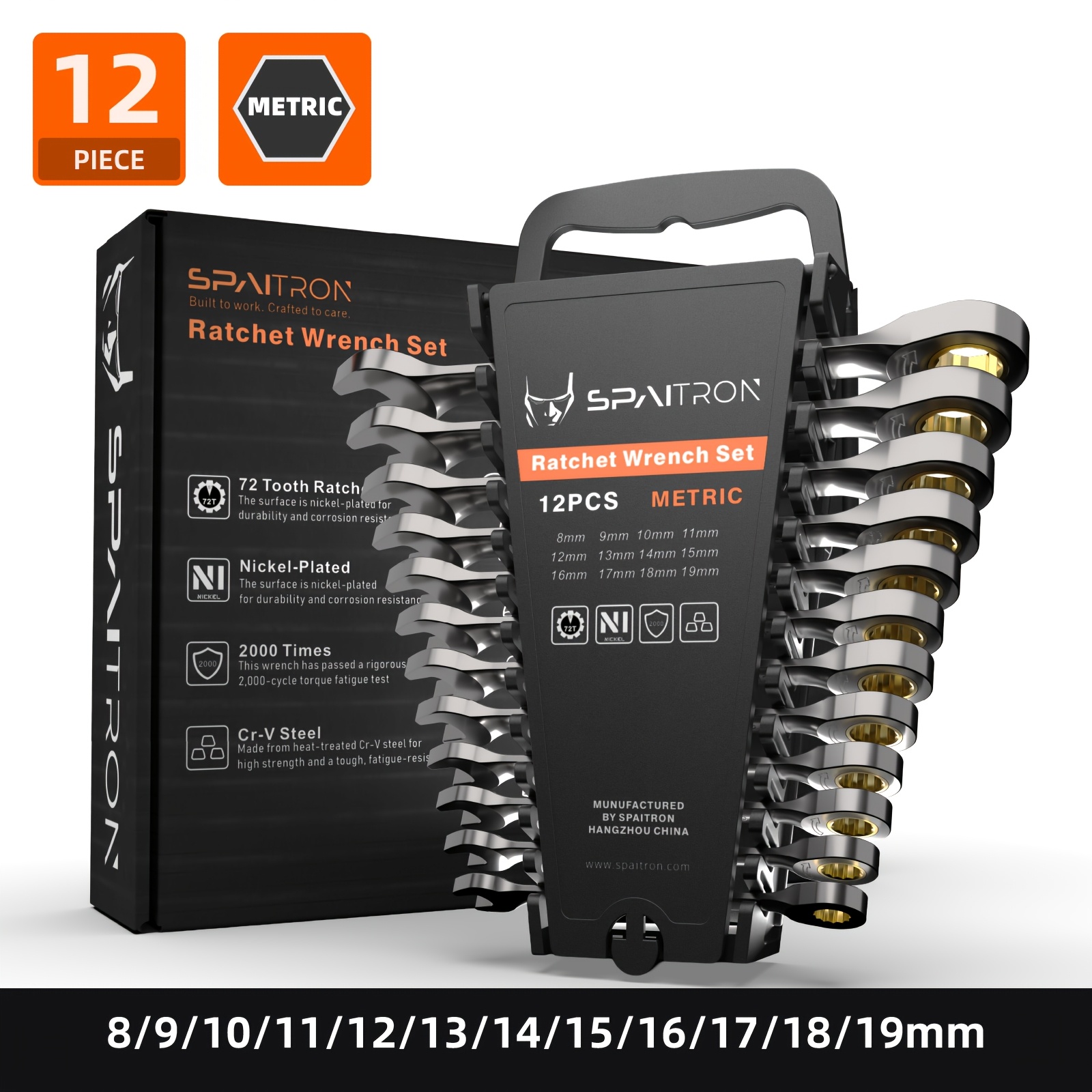 Image of Spaitron 12/8pcs Nickel-plated Ratchet Spanner Set 6-19mm, 72-tooth Metric Wrench Set, With Plastic Rack, Car Auto & Home Diy Repair Hand Tools, Ideal Gift