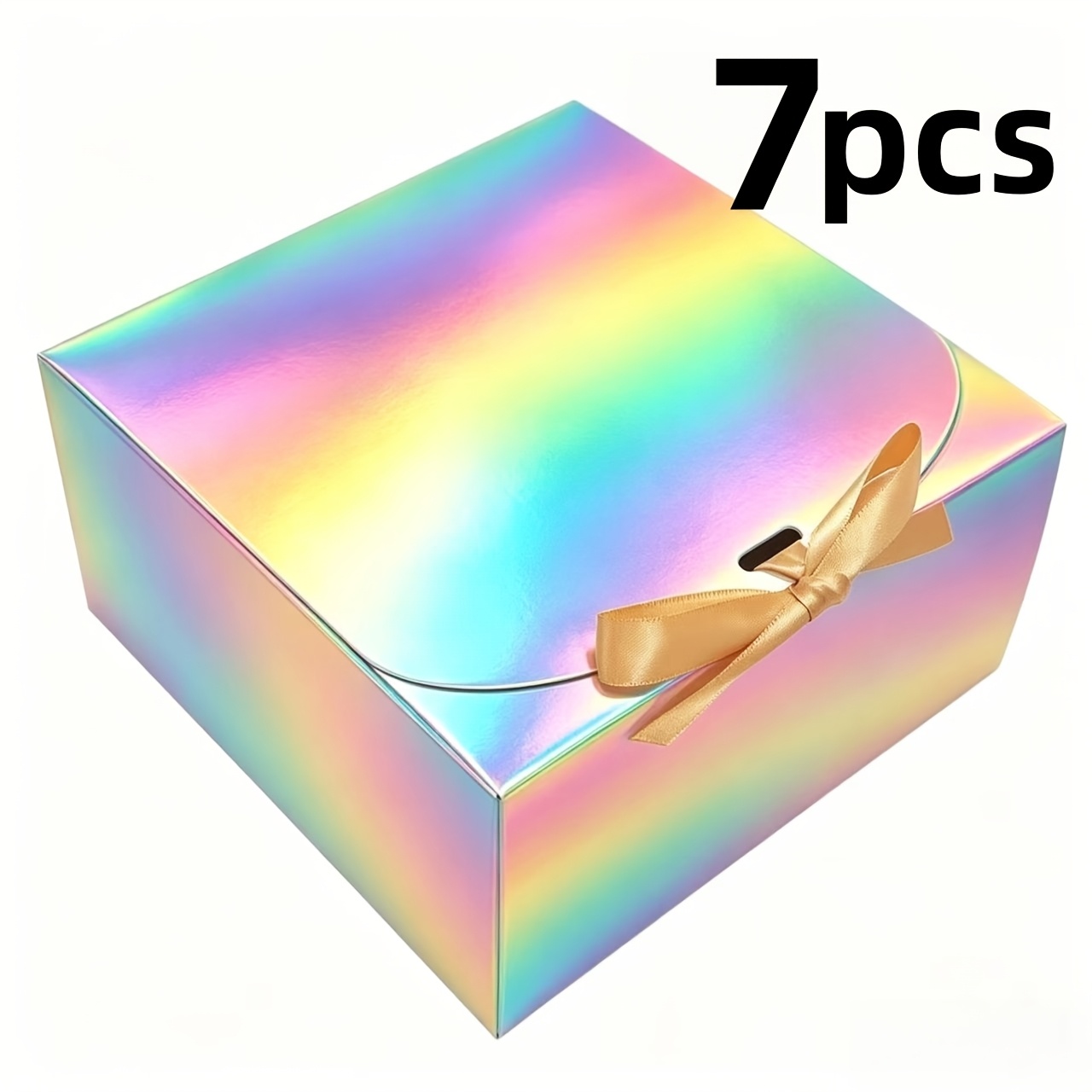 TEMU 7pcs Iridescent Holographic Gift Box With Ribbon Bow, Luxury Foldable Present Packaging Box For Birthday, Wedding, Bridesmaid, Valentine's Day,