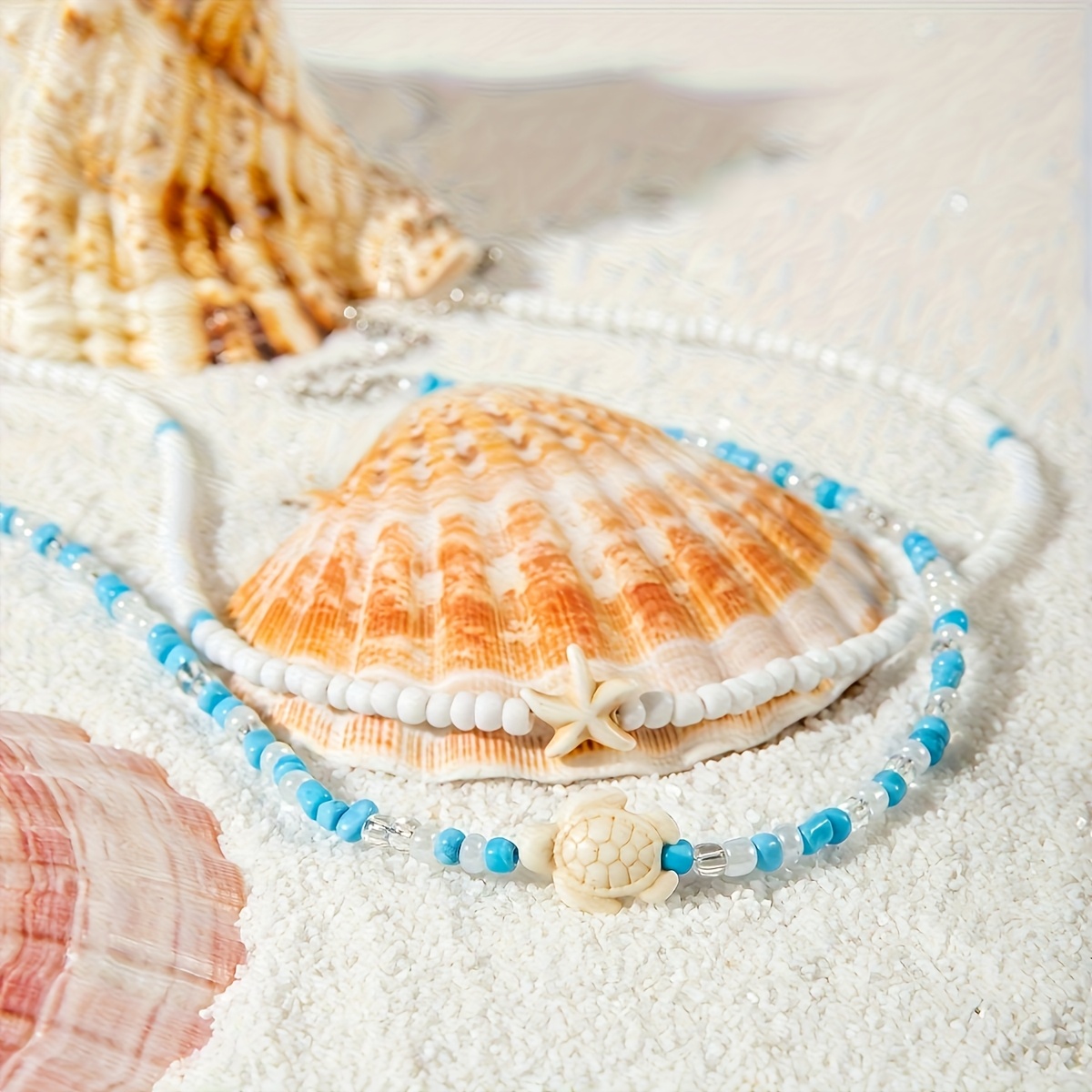 2pcs Boho Beaded Necklace Set with Turtle & Starfish Pendants