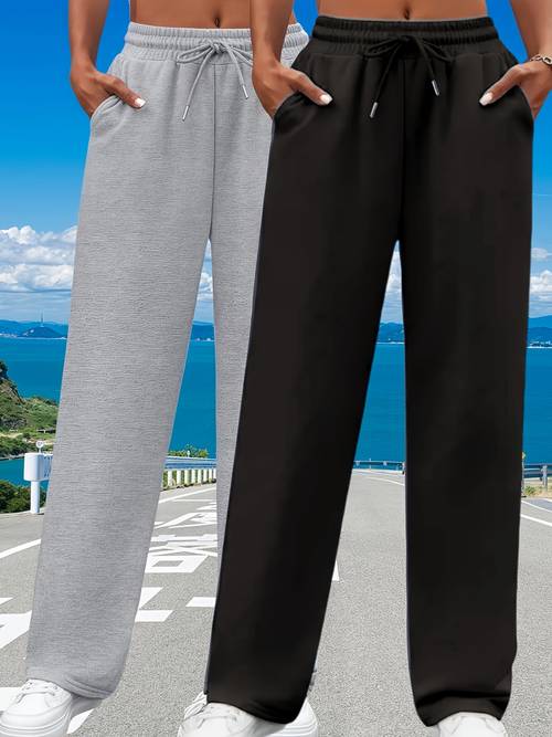 womens 2pcs solid color long pants drawstring elastic waist casual trousers with pockets suitable for jogging pants for women