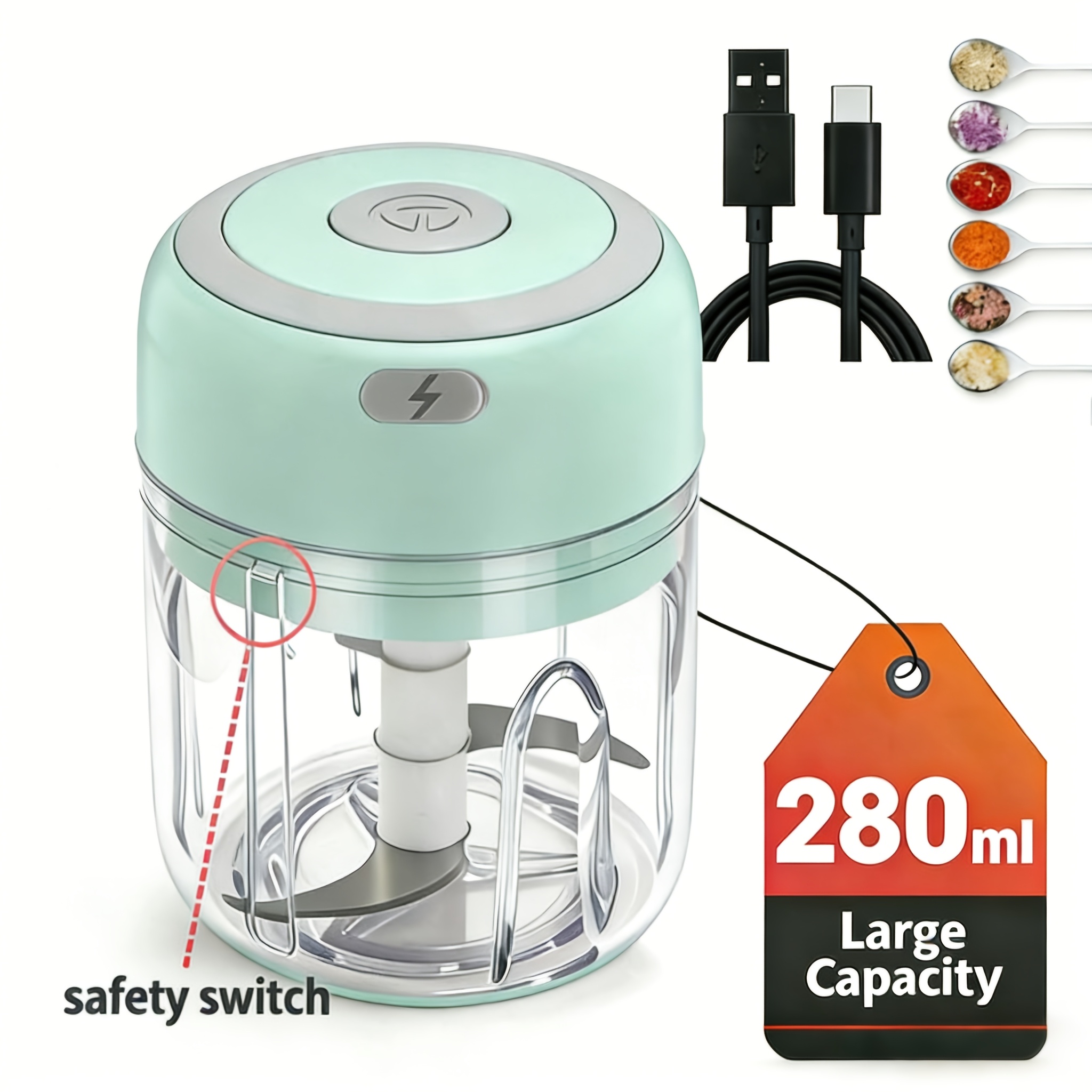 Image of Flzh 280ml Electric Garlic Chopper Wireless Rechargeable Food-grade Mini Processor - Two-hand Operation Mincer, Sharp For Garlic, Onion, Chili And Herbs, Easy To Store And Carry