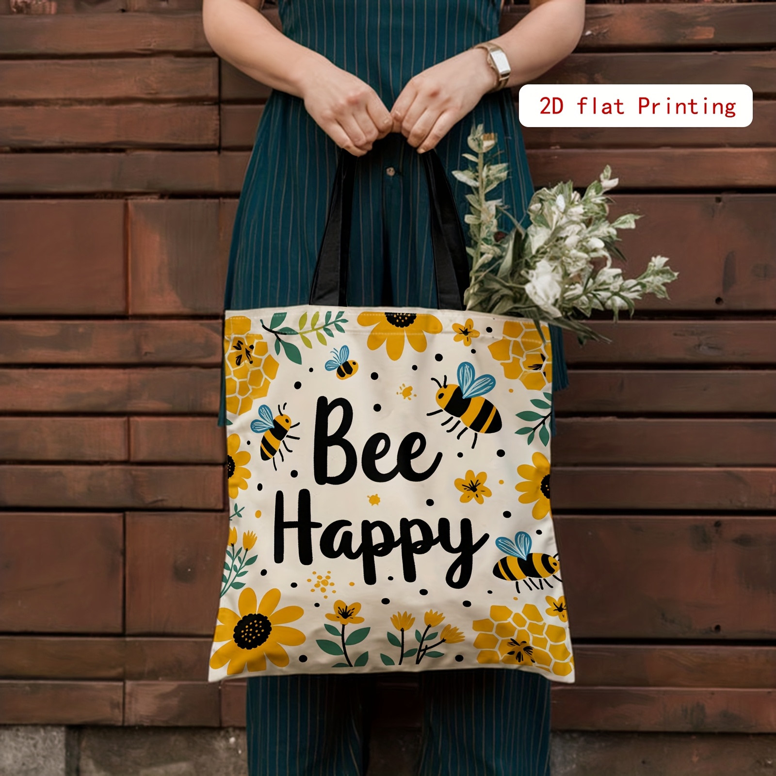 Image of 1pcbee Happy, Floral Background Women' 2d Printed Double-sided Shoulder Bag, Large Capacity Reusable Shoulder Bag, Suitable For Shopping And Gift Wrapping