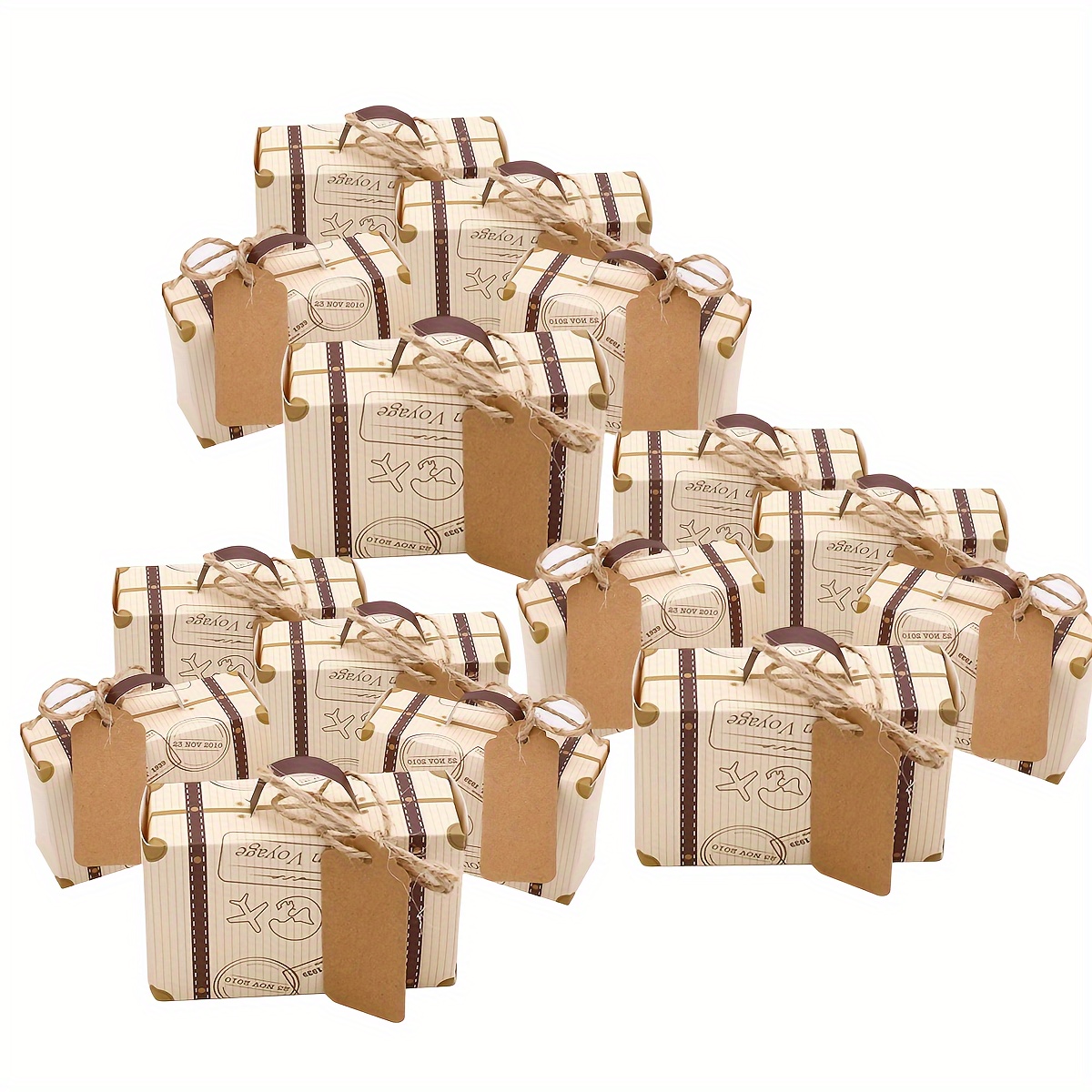 

100pcs Mini Suitcase Gift Boxes, Party Favor Candy Boxes Vintage Paper Gift Bags With Tags Burlap Rope For Party Wedding Decoration