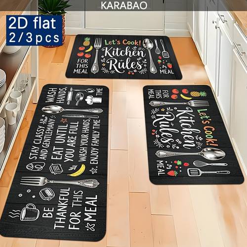 item picture 2 3pcs kitchen rules placemats mat kitchen decorative art with tableware pattern household non slip floor mat soft flannel material 1 2cm thickness 500g weight machine washable suitable for kitchen rugs bedroom mats
