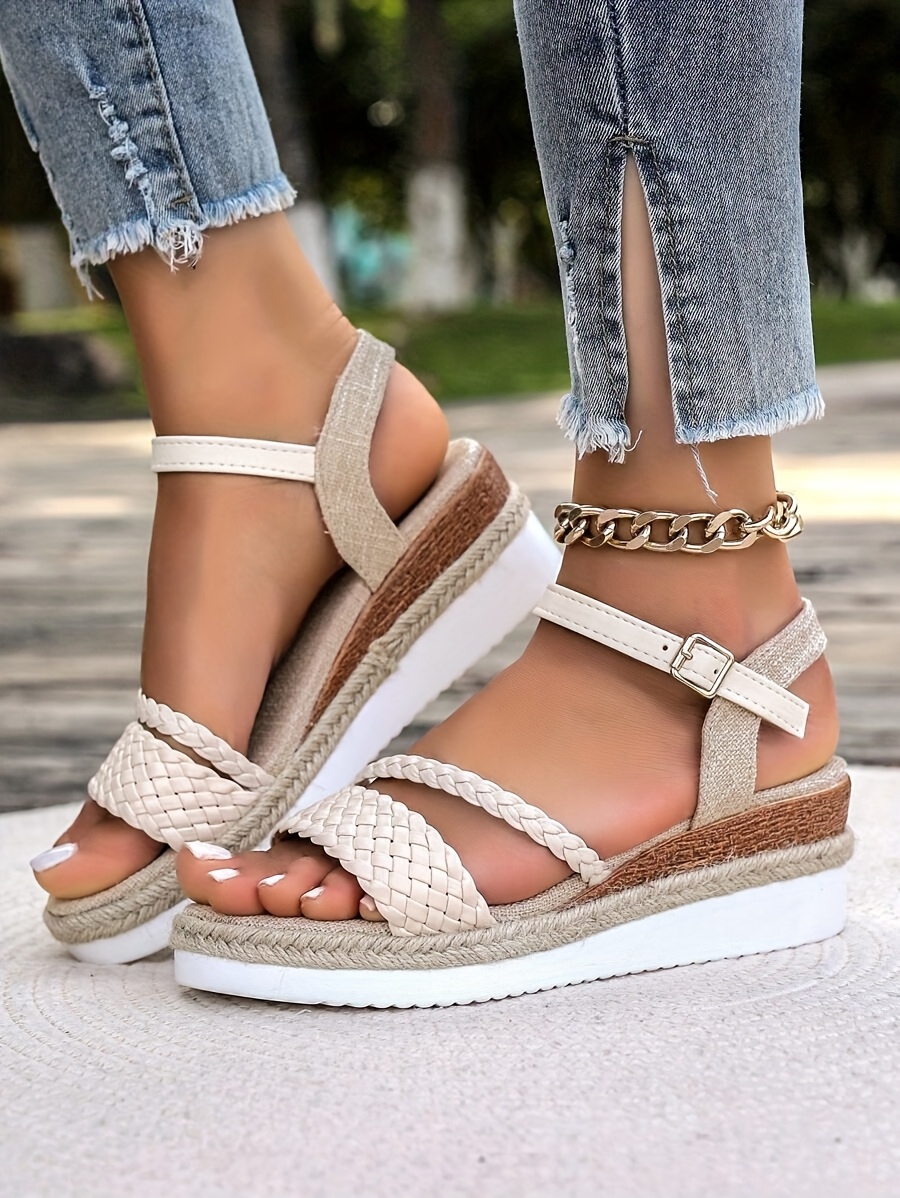 womens woven design sandals with adjustable ankle strap thick platform wedge heel breathable   cover open toe summer     for vacation   and warm weather durable rubber sole strappy sandals Product details 7