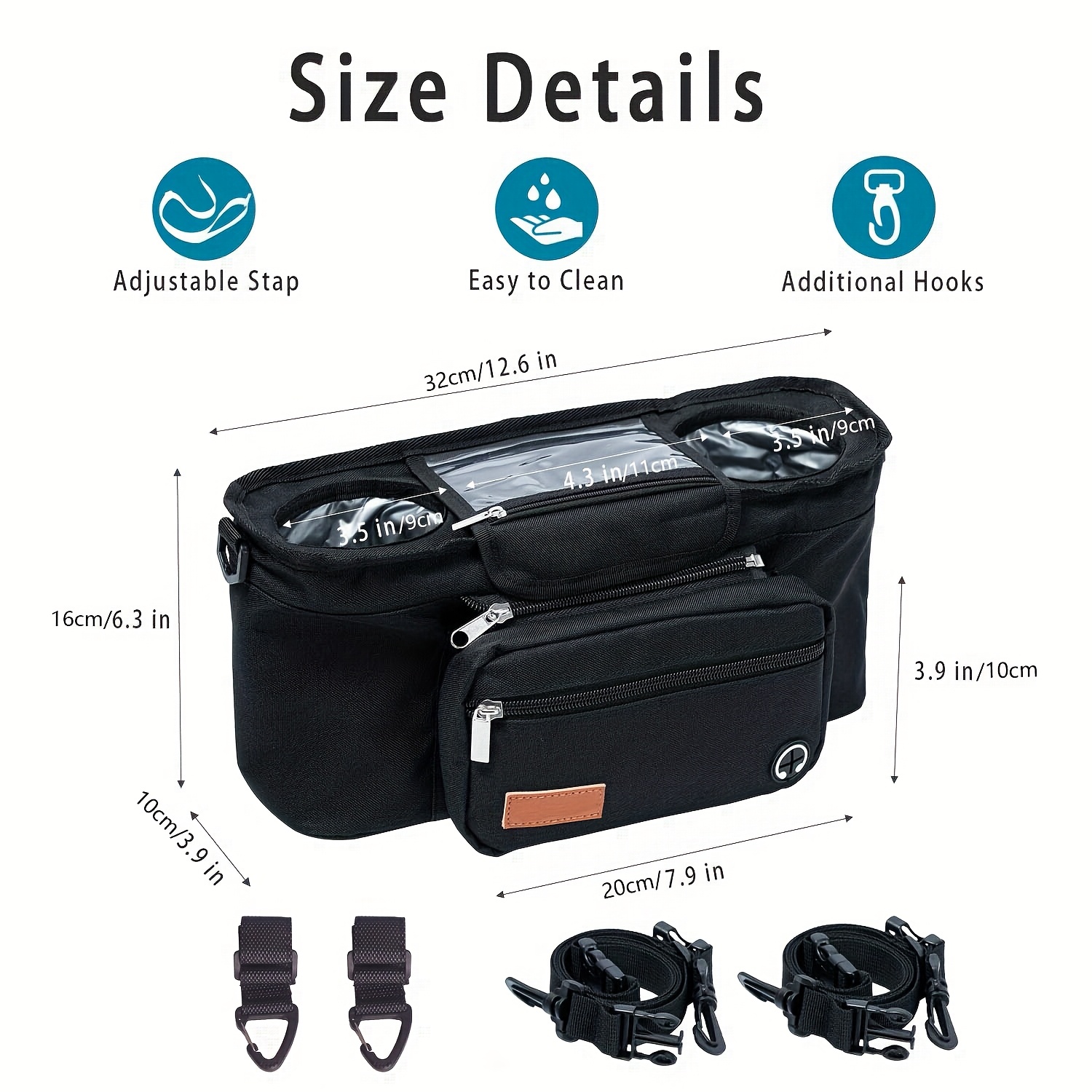 youngsterss stroller storage bag with 2 insulated cup holders non slip straps and adjustable shoulder strap   removable phone pocket