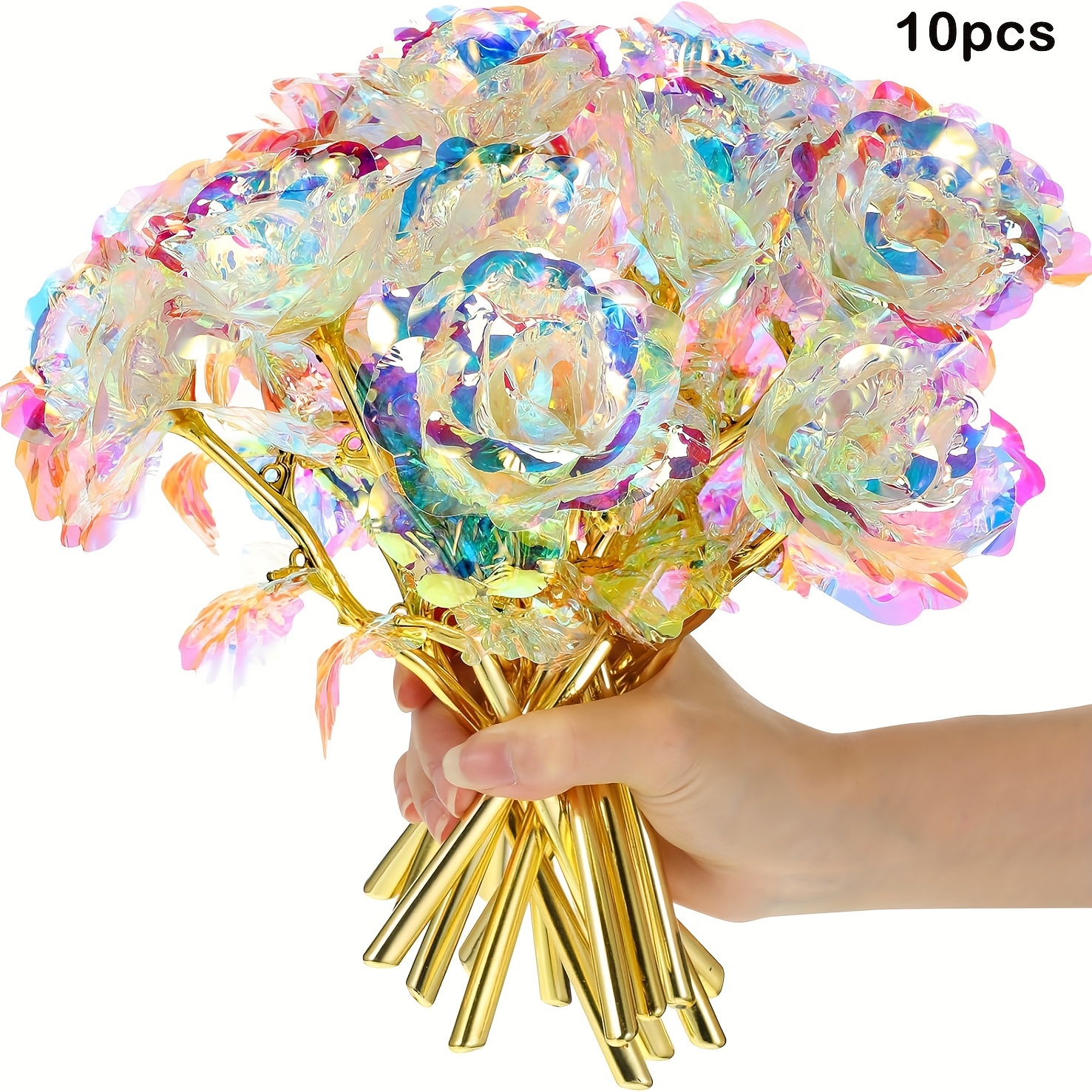 TEMU 10-pack Multicolor Artificial Rose Flowers, Rainbow Rose Gift For Get Well, Mother's Day, Birthday, Women, Wedding Decor, Plastic Plant Material