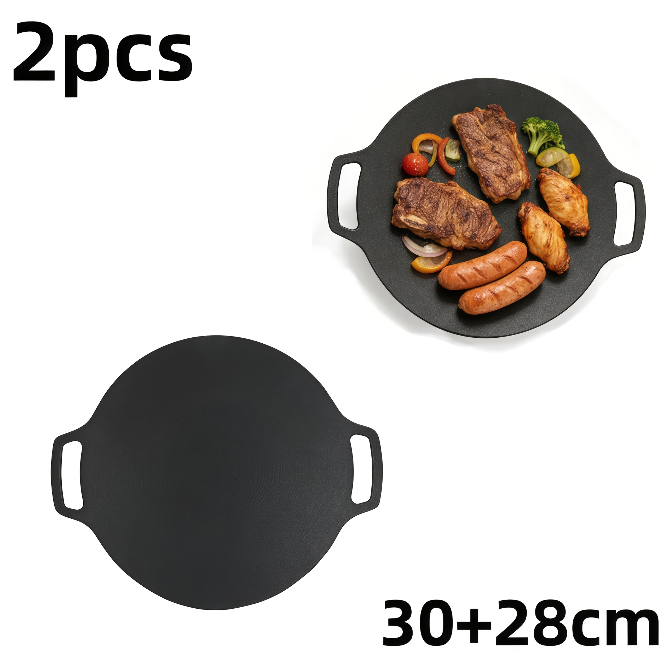 TEMU 4/2pcs Korean Bbq Grill Pan Round Griddle, Cast Iron 6 Layer Coating With Double Handles, For Indoor Outdoor Frying And Grilling, Portable