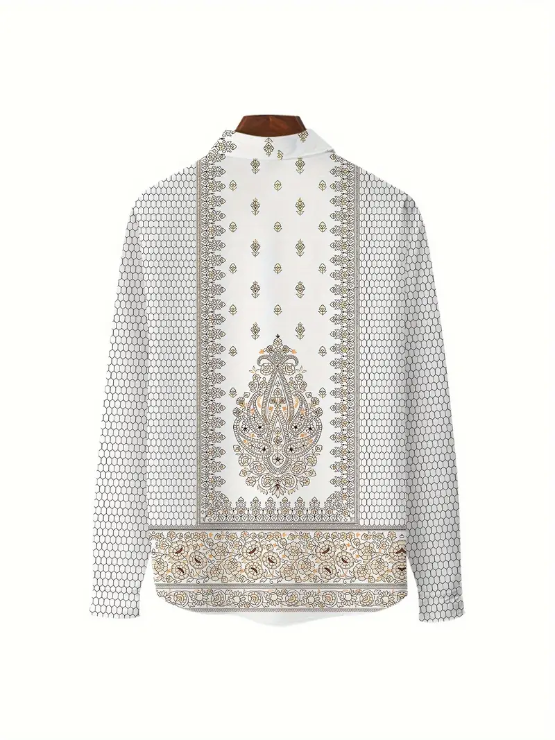 mens ethnic flora patterns print long sleeve shirt for loose fit casual retro buckles shirt as gift details 1