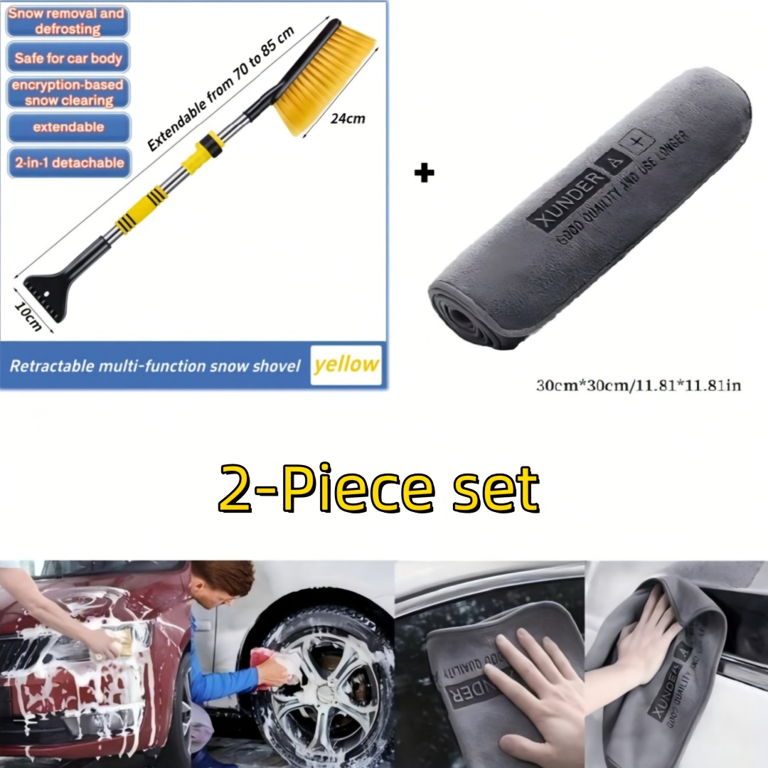 2pcs Winter Retractable Car And Car Cleaning Towel, 3-in-1 Multifunctional Snow Remover With Ice Scraper And Brush, Detachable Handle, Pvc Material, Portable Car Snow Cleaning Tool For Winter