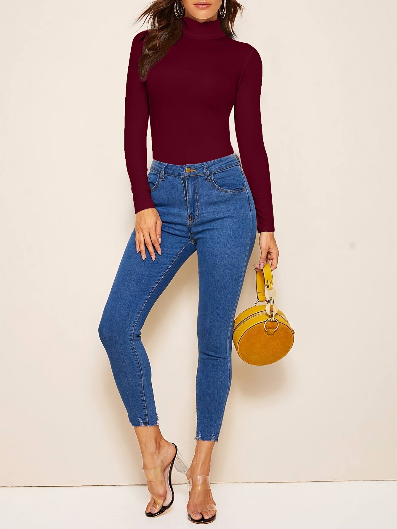 Solid Color Mock Neck T-Shirt, Versatile Long Sleeve T-Shirt For Spring & Fall, Women's Clothing