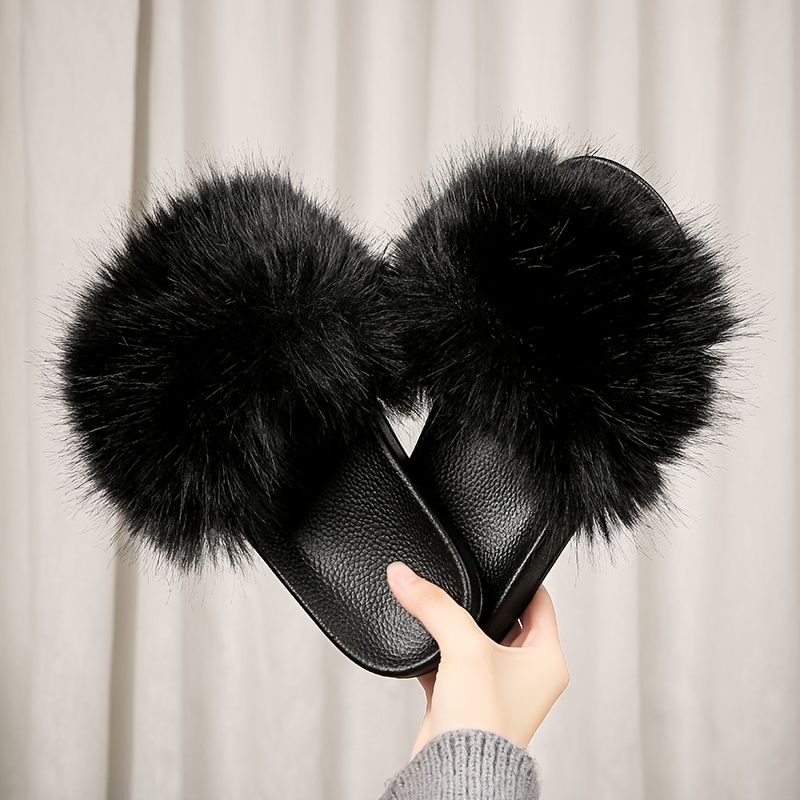 Elegant Plush Open-toe Slippers For Fashionable Women, Featuring A Solid , Made Of Slip-resistant And Durable Pvc Material, Suitable For Indoor ., Women Shoes