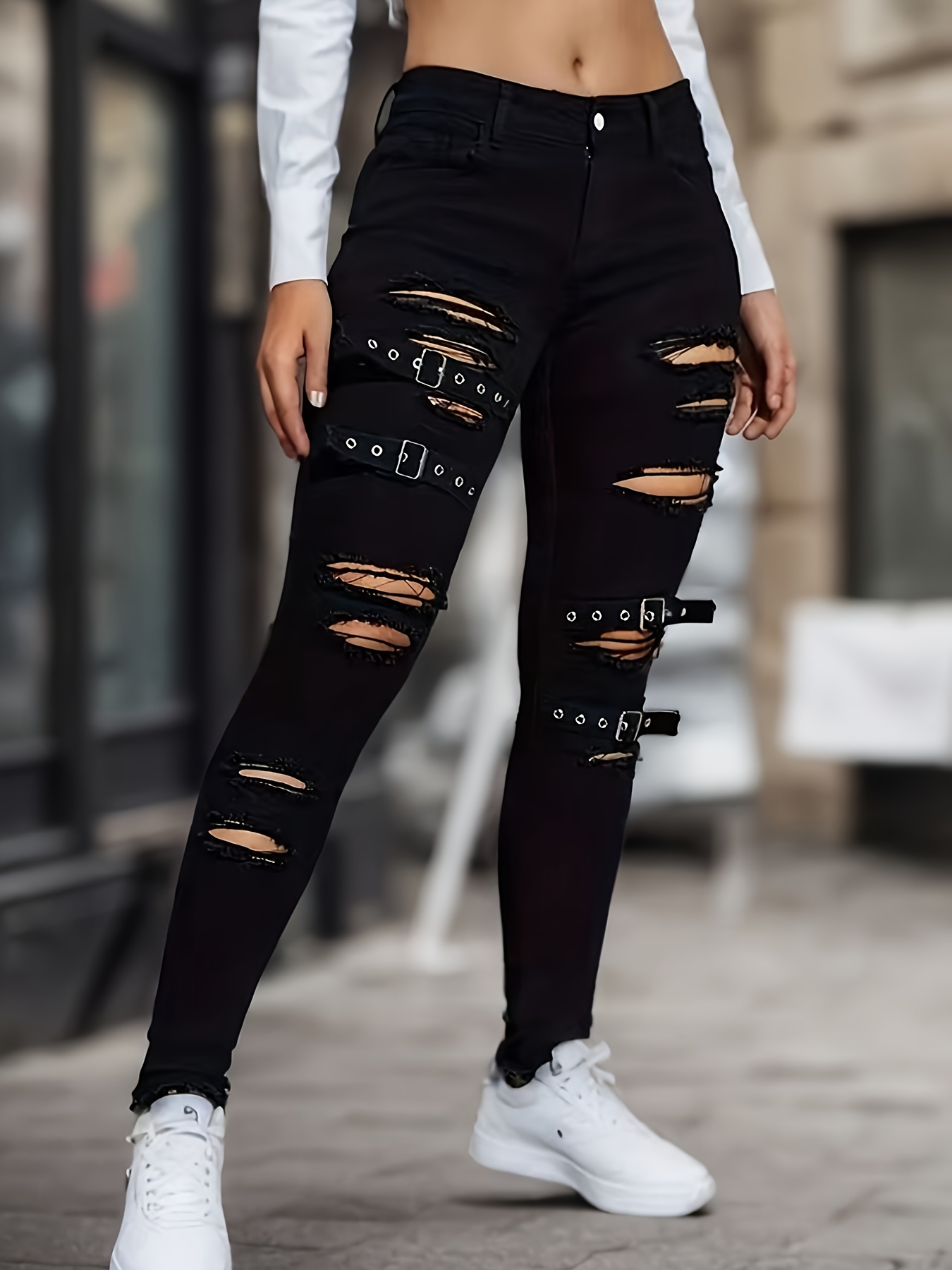 Womens Jeans Black And White Split Leg Jeans Women's High Waisted