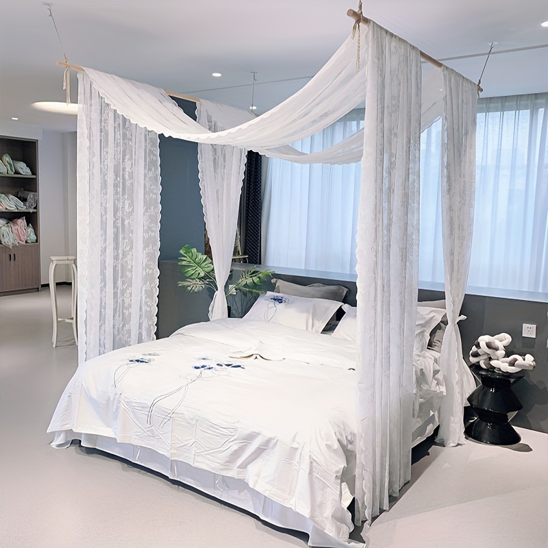 Lace Bed Canopy, Country- Bed Frame Canopy, Wooden Bed Frame With 2 Transparent Canopies, Including Hanging Rods And Accessories
