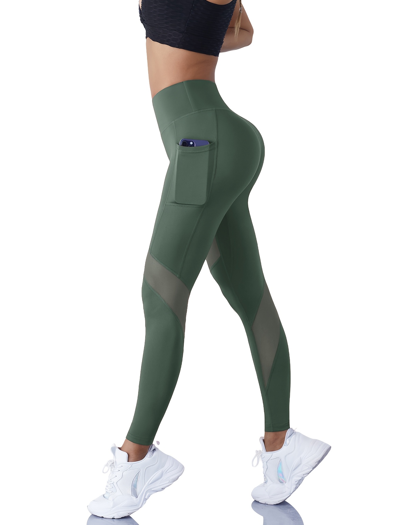 Yoga Tights with Abdominal Reduction and Contrast Color Mesh Fitness Gym Tights with Side Phone Pockets Yoga Leggings