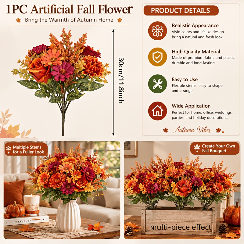 TEMU 1pc 11.8-inch Rose & Double-petal Flower With Light Brown Berry Spikes Mixed Artificial Flower Bouquet - Suitable For Home Decor, Holiday Decor,