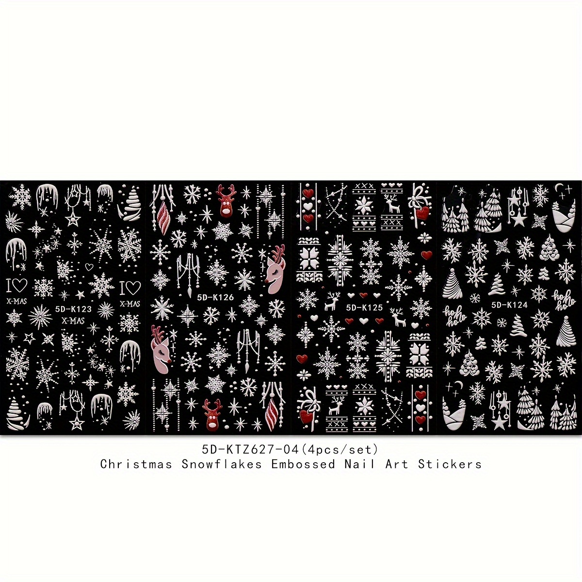 A Set Of 4 Cute Cartoon Christmas Nail Stickers Featuring Snowflakes, Christmas Trees, And Reindeer, Designed For Use With Self-adhesive Decorations, Perfect For Festive Nail Art Additions