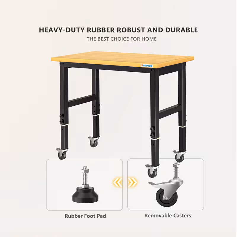 wooden workbench with graduated lines 85 105 cm 900 kg load capacity heavy duty workbench with wheels and footrest for home and office 3