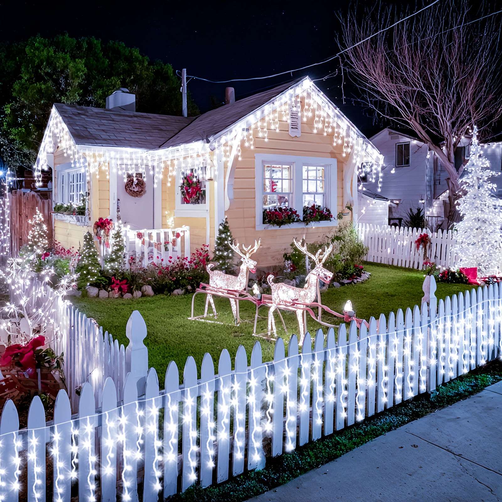 Image of Extra Long Engineering Solar Icicle Lights Outdoor 88.42ft 26+4m 700led 3000ma Outdoor Christmas Fairy Lights 8 Timed Remote Control Flash Lights Suitable For Christmas Roof Party Wedding