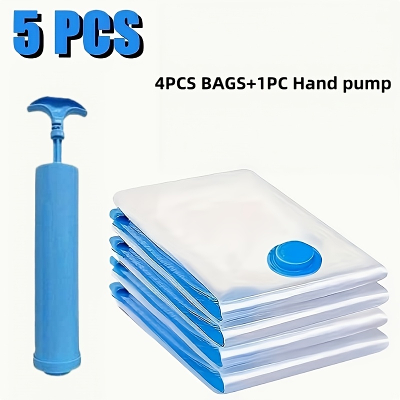 TEMU 5pcs Vacuum Storage Bag Set (4pcs Bags And 1pc Air Pump), Luggage Sealing Bags, Space-saving Travel Essentials, Thickened Material, No