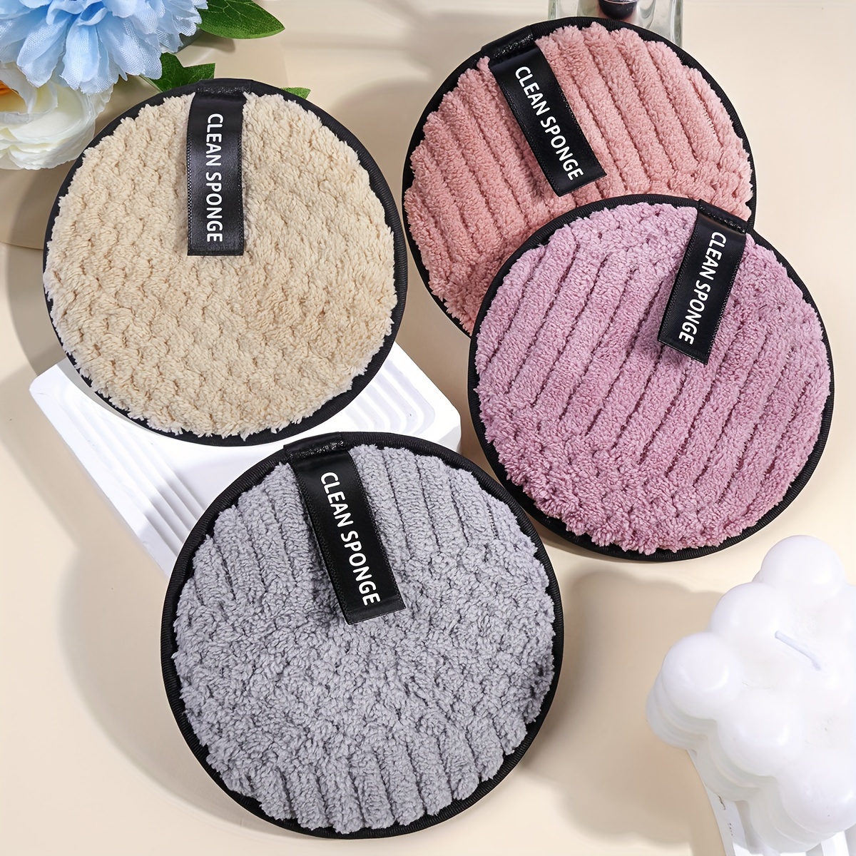 

Maange 4-pack Reusable Cleansing Sponges, Soft Comfortable Polyester Face Pads, Double-sided Wet And Dry Use, Paraben-free, Unscented, Suitable For Types, Unisex-adult Portable Makeup Tool