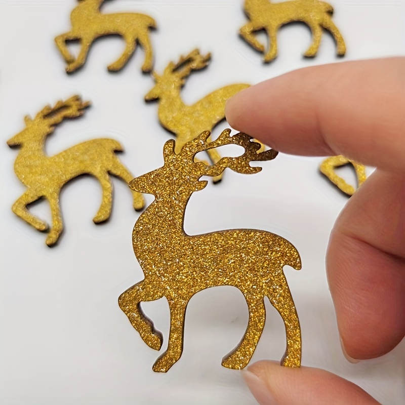 

12 Festive Golden Glitter Wooden Reindeer Ornaments For Christmas Decor - 3.1cm/1.22inch