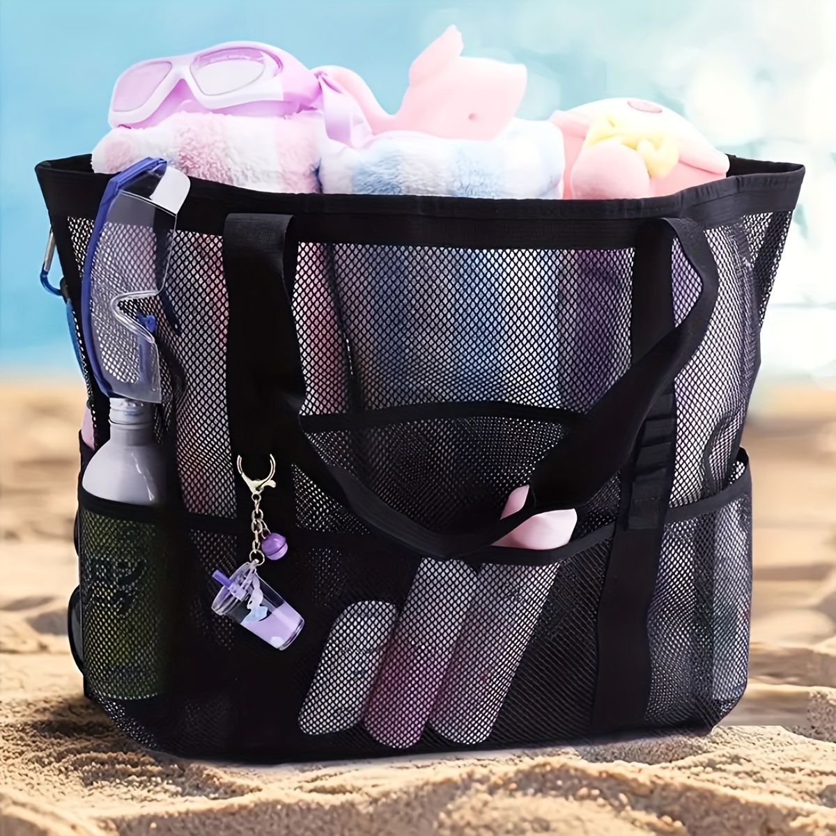 

Portable Mesh Beach Bag, Makeup Travel Storage Wash Bag, Large Capacity Portable Multi-pocket Beach Bag Swimming Bag