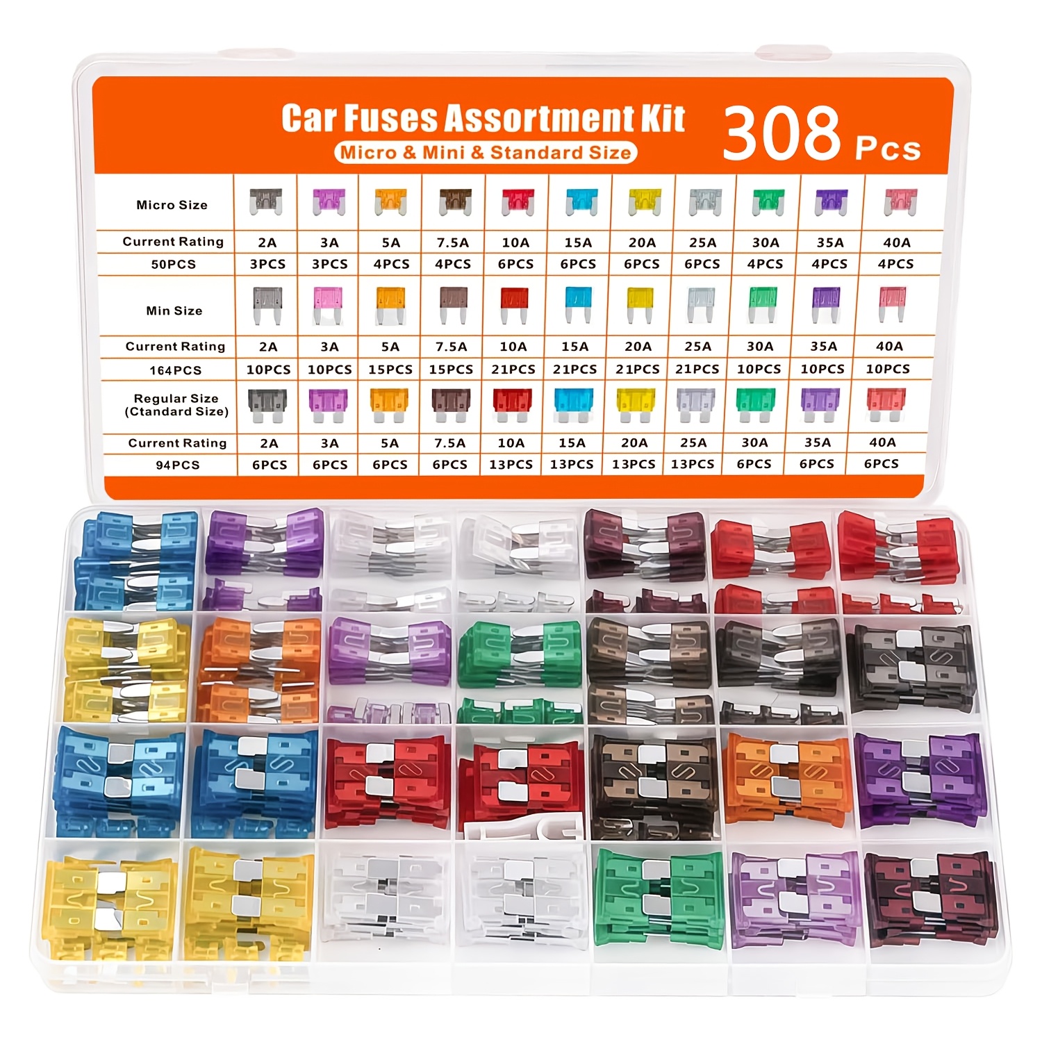 TEMU 308pcs Auto Fuse Assortment Kit With 164 Mini, 94 Standard, 50 Micro Fuses, 1 Extraction Tool, -for Cars, Rv, Trucks, Motorcycles-wide Current