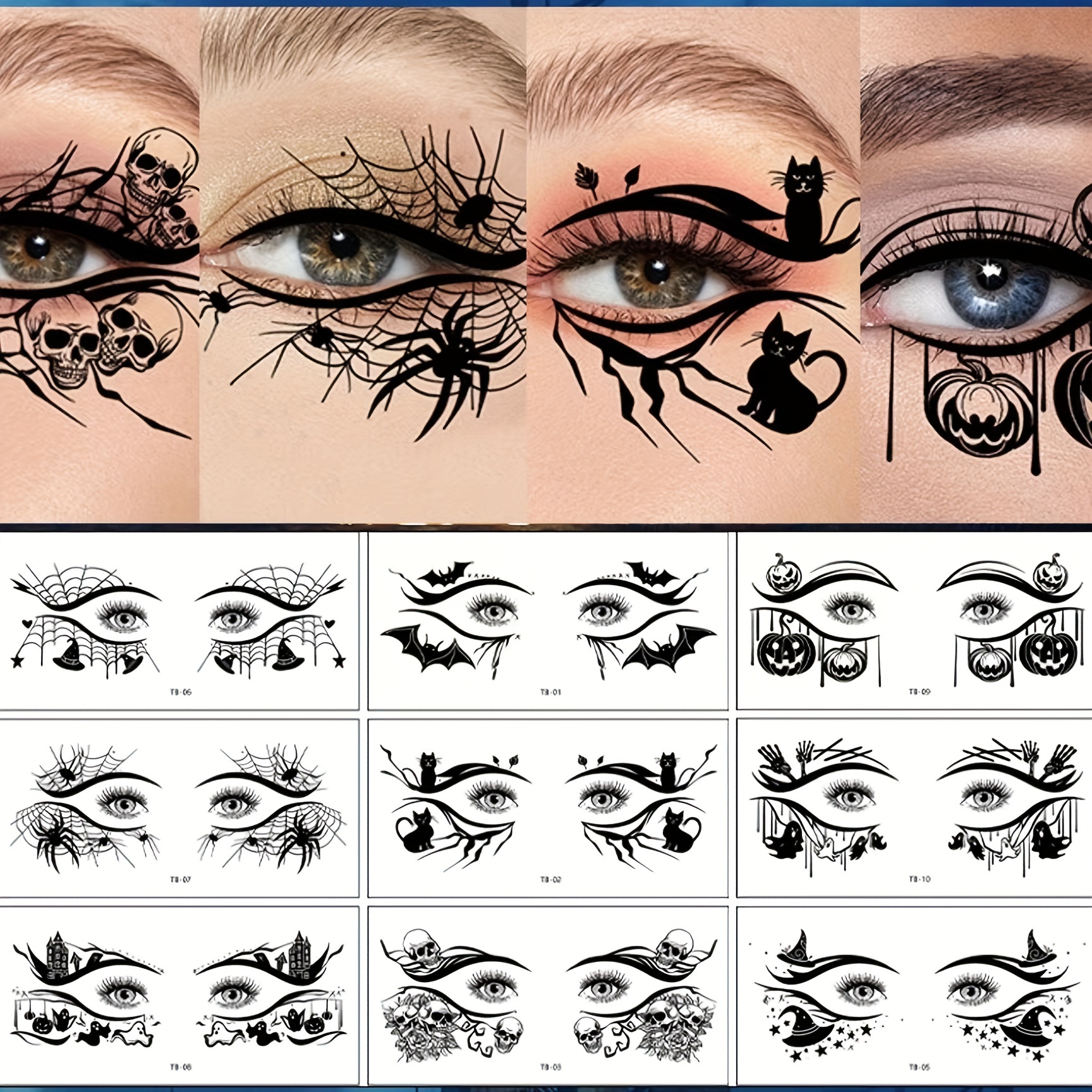 

Halloween Temporary Eye Tattoos For Girls - 10 Pack Water-resistant Eye Corner Stickers, Cosplay Party Face Makeup, Festival Holiday Eye Decor Paper Tattoos