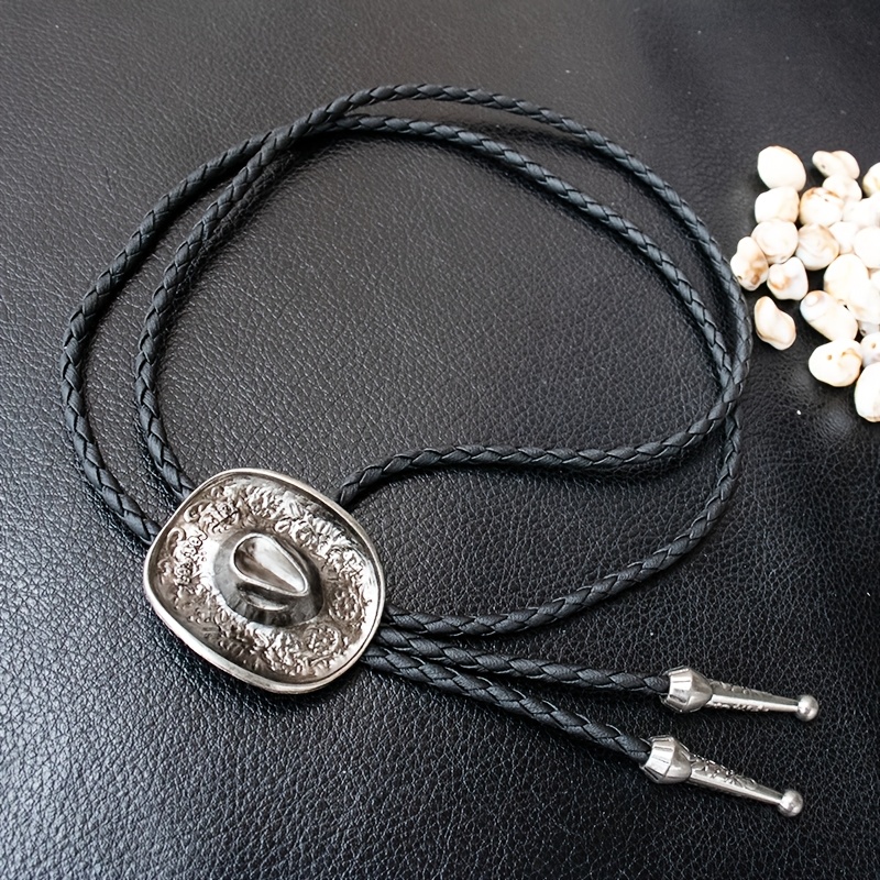 TEMU 1pc Western Vintage Cowboy Hat Bolo Tie, Braided Rope Style, Distressed Silvery/brass Metal Engraved , Unisex Neck Accessory, Trendy Cool Outfit