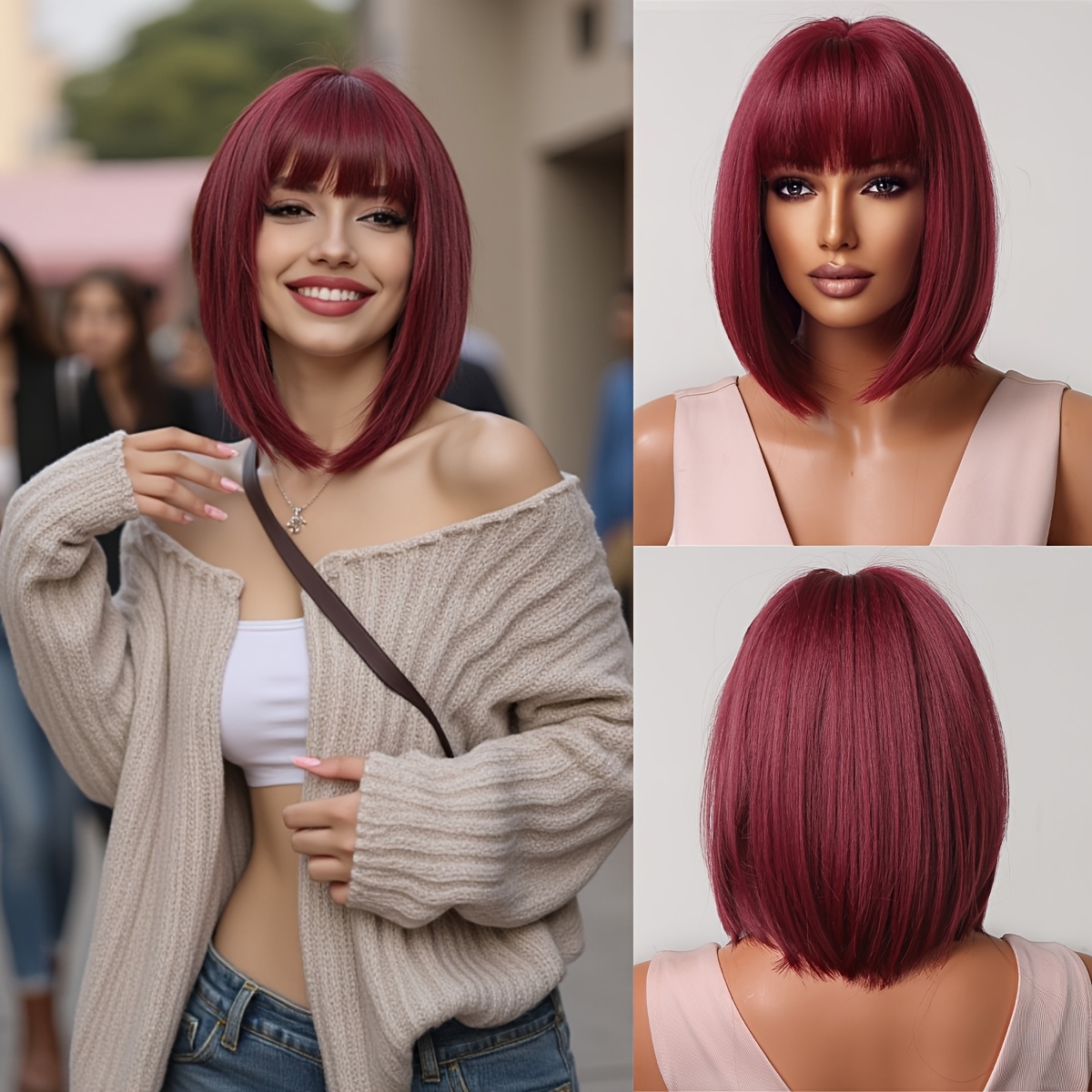 ショートストレートボブバーガンディワインレッドヘアウィッグ