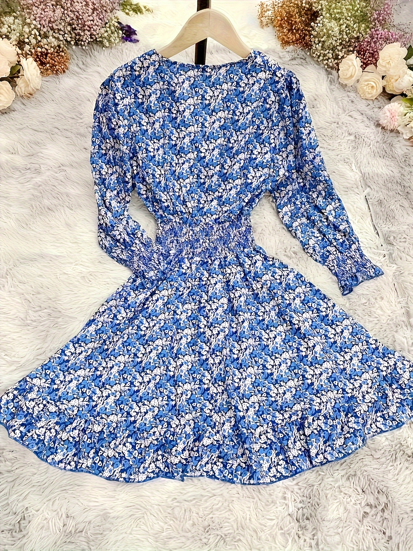 shirred waist v neck dress floral print elegant 3 4 sleeve dress for   womens clothing details 14