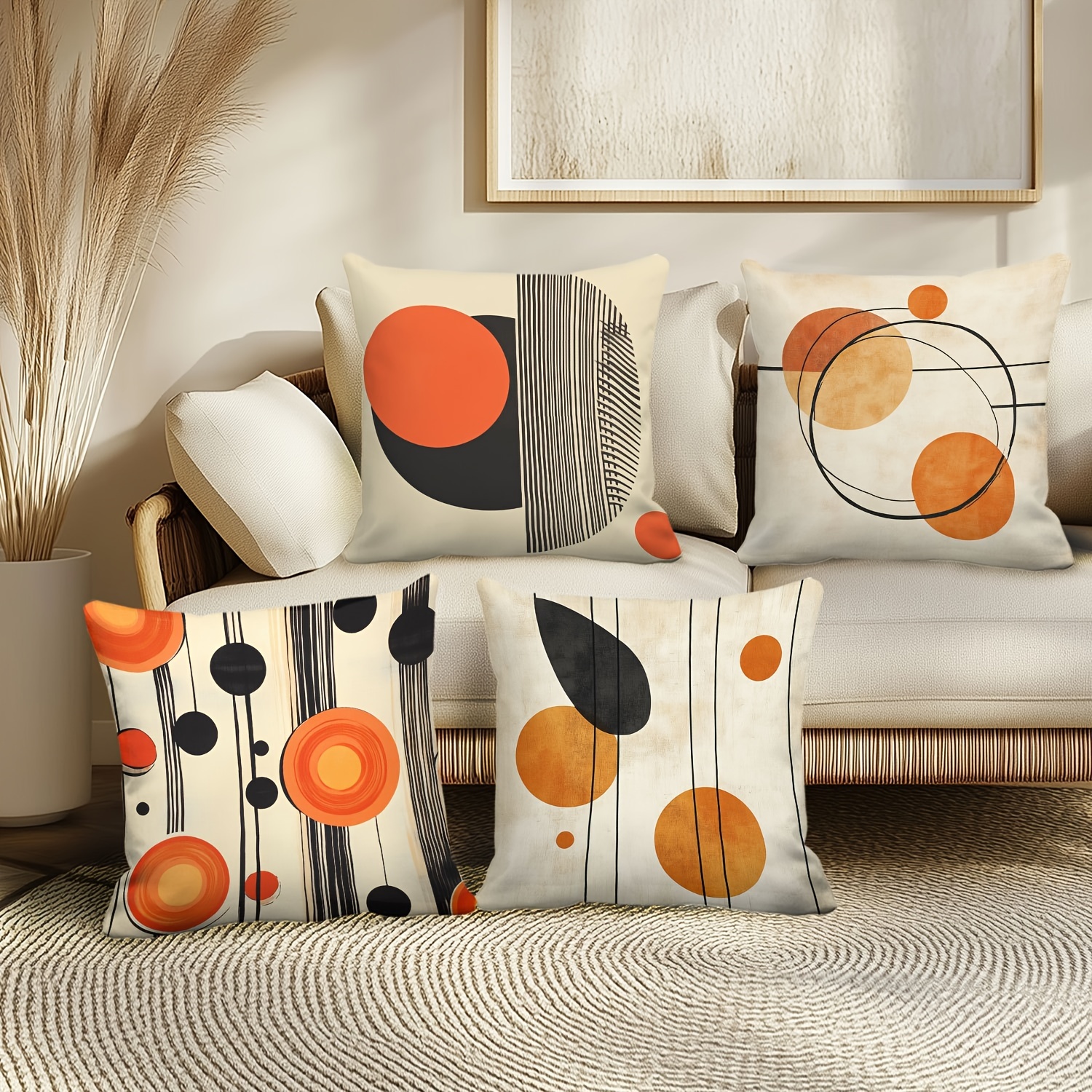 

4pcs, Taie d'Oreiller à Motif Géométrique Orange et Noir pour Canapé Maison, Housse de Coussin en Mélange de Lin 18*18 pouces, Coussin Non