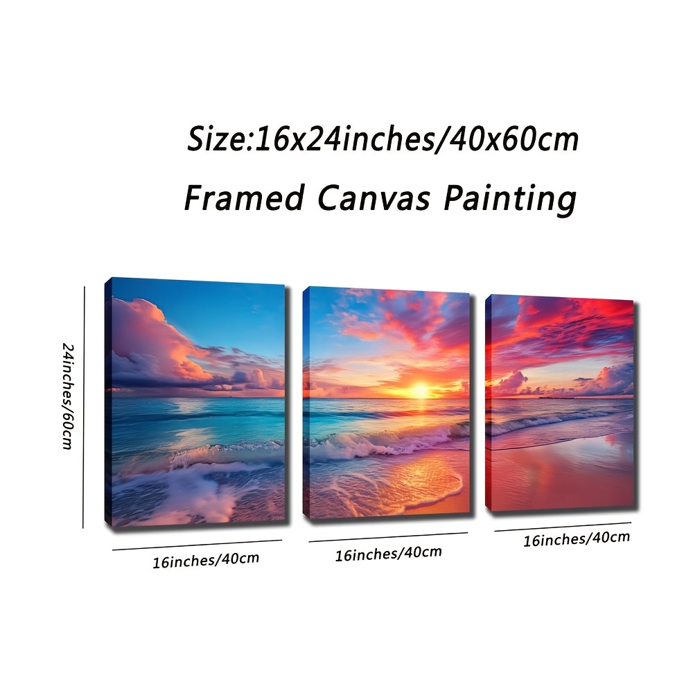 TEMU 3pcs Framed Beach Sunset Triptych - Calm Waves & Shoreline Art, 12x16 & 16x24 Inches, Wood Frame, Coastal Decor For Living Room, Bedroom, Or