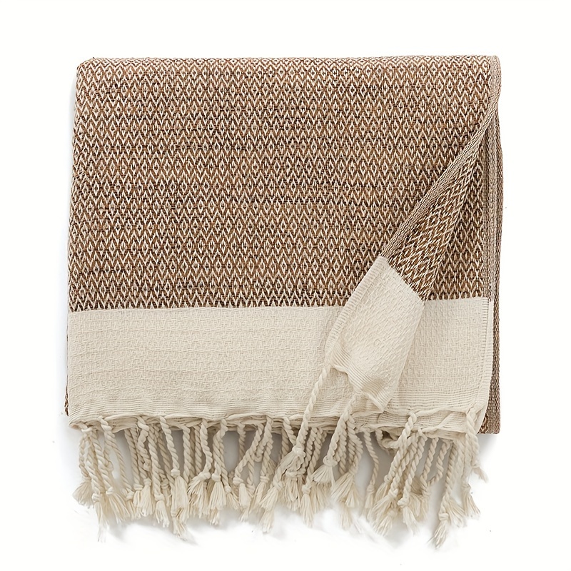 Image of 1pc, 125x180cm, Lightweight Tassel Blanket, Boho Diamond Grid, Perfect For Use – Breathable & Soft, Great For Snuggling On Bed, Couch, Or For Picnic & Travel, An Essential. For Women And Men