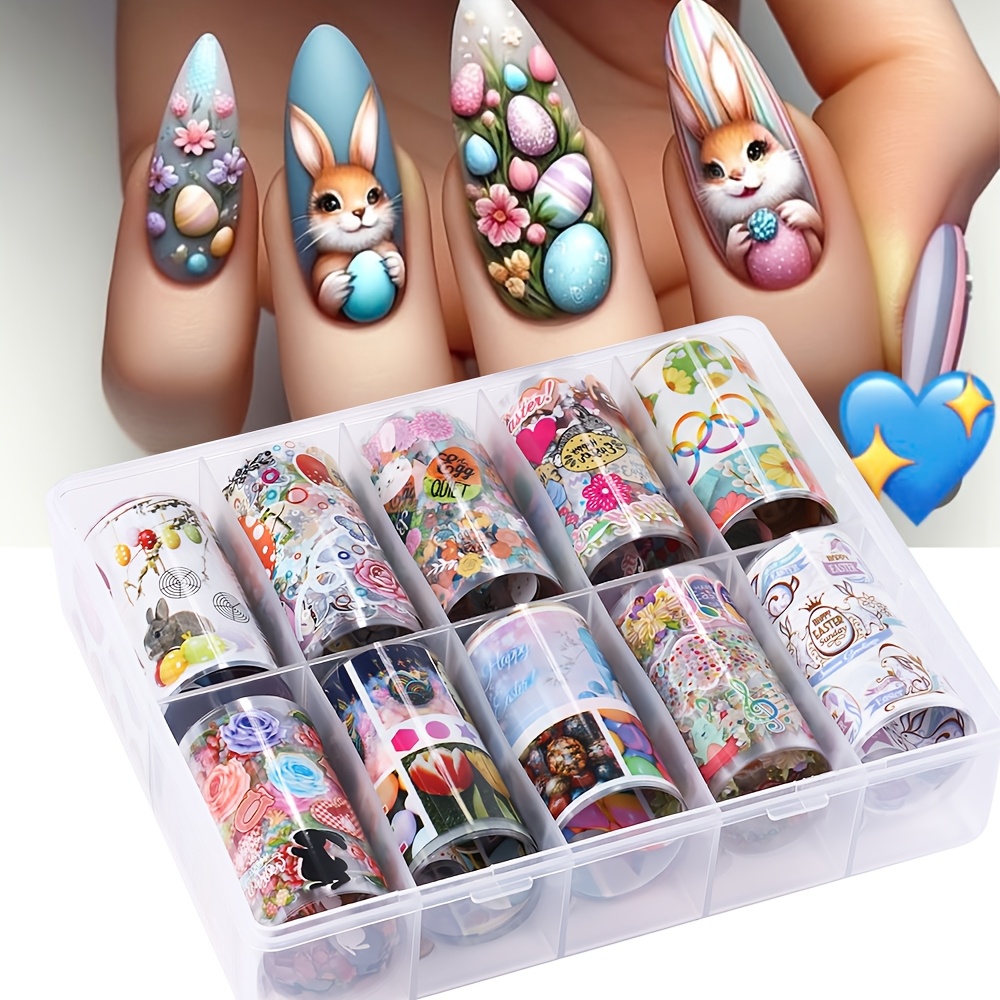 

10 Styles Easter Nail Foil - Cartoon Bunny, Eggs, Lily , , Glitter Accents, Pre- Plastic Nail Art Stickers, Themed, Single Use, Rectangle Shape, Unscented - Diy Nail Decoration Supplies