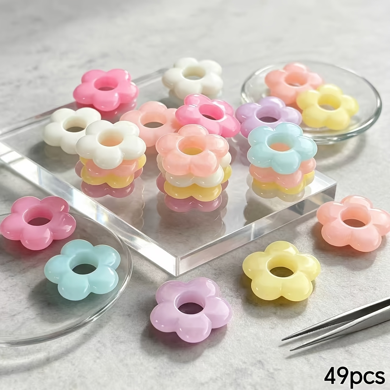 TEMU 49pcs 19mm Macaron Jelly Color Hollow Five-petal Flower Acrylic Loose Beads, Smooth Flawless Transparent Flower Beading Accessories For Women's