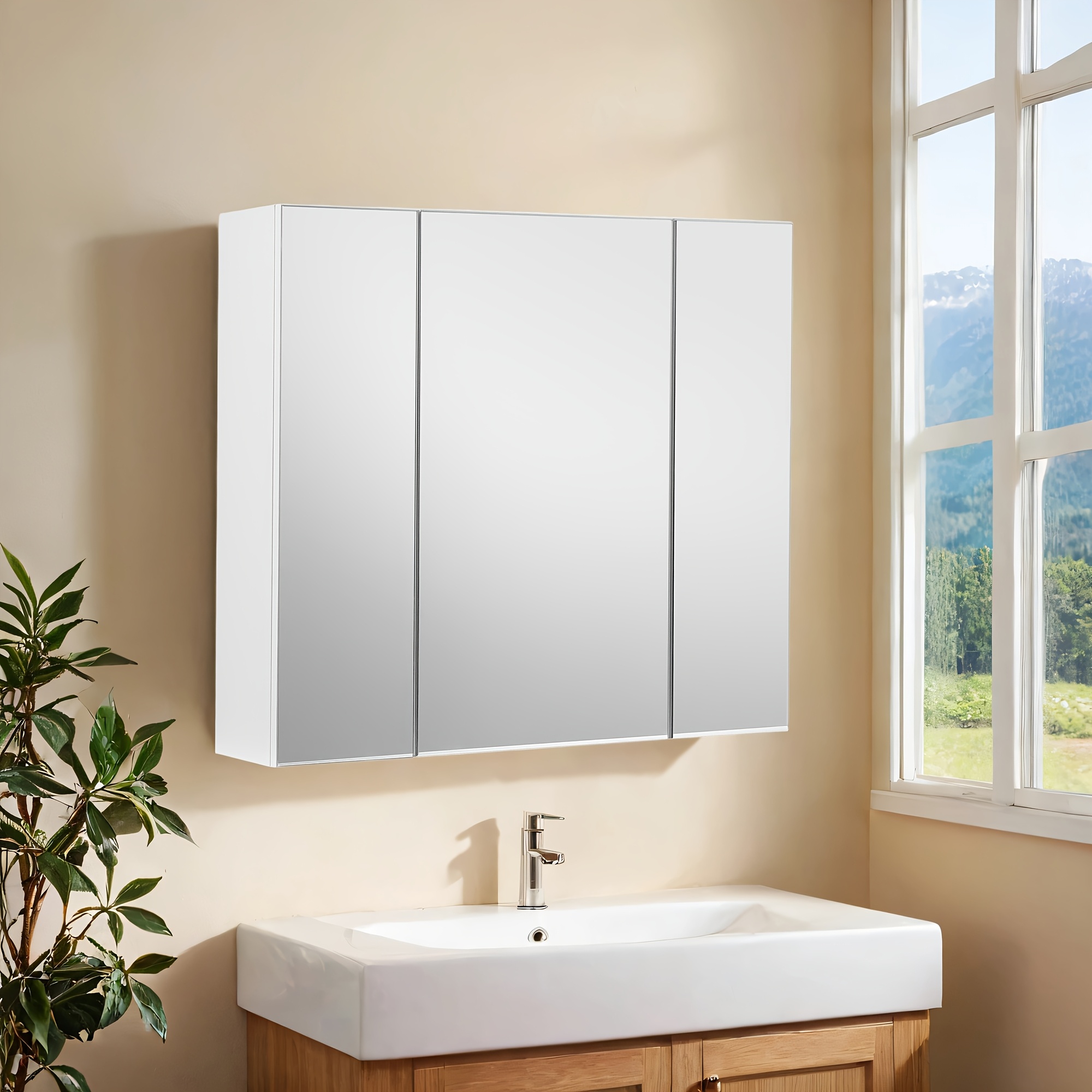 Bathroom Wall Cabinet, Cabinet With Mirror, 3 Doors, 60 X 15 X 55 Cm, With Adjustable Shelf, Modern
