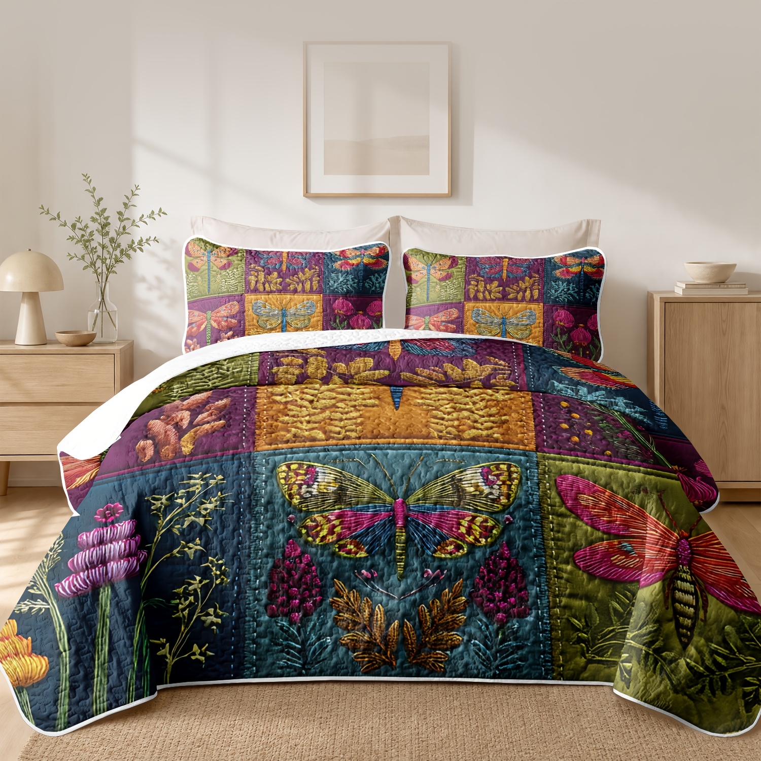 TEMU 2/3pcs Vintage Quilt Set, Lightweight Cooling Bedspread Coverlet, -friendly Bohemian Embroidery Floral Print Bedding With Pillow Shams,
