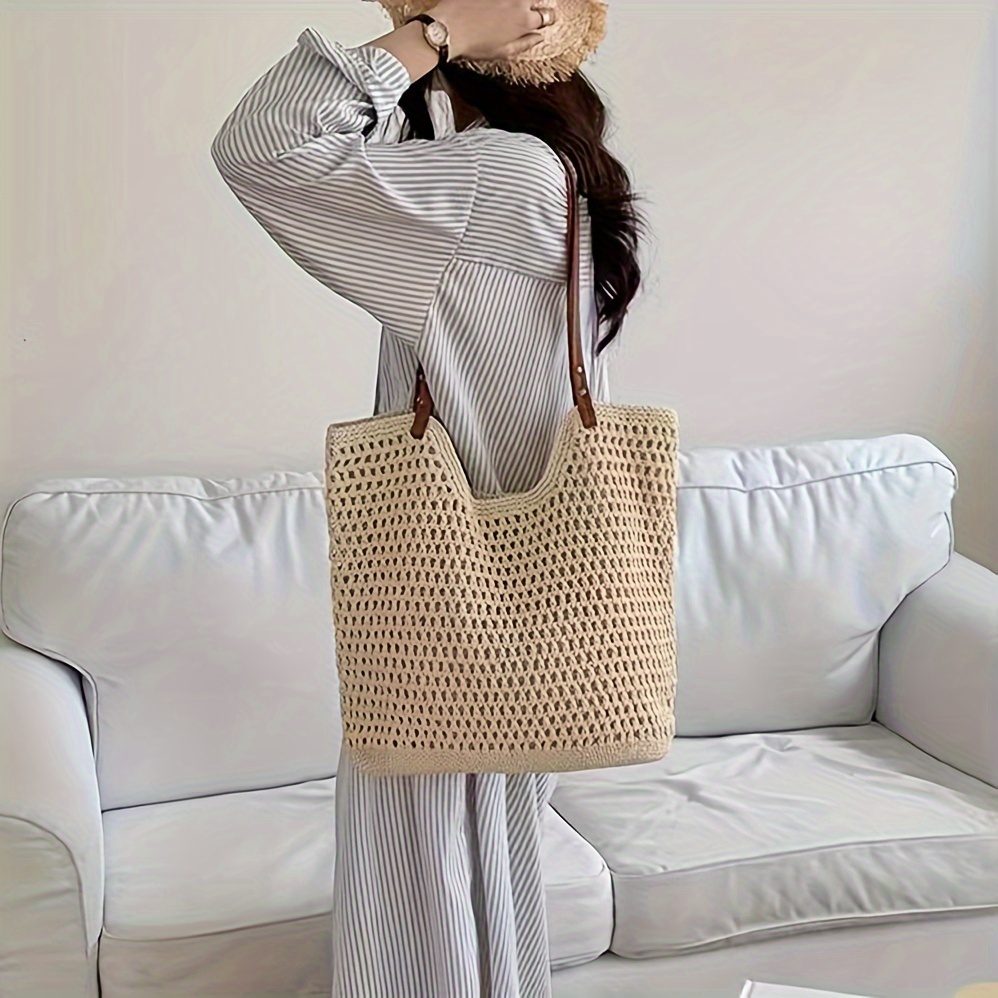 

Vintage Hollow Out Casual Shoulder Bag, Knitted Shopping Travel Beach Tote, Daily Use Minimalist Handbag