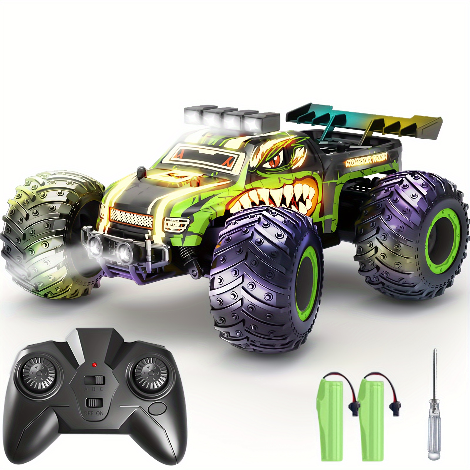 Remote Control Car, Rc Cars For Boys 2.4Ghz Rc Truck Toys With Headlights And Car Body Lights, 20 KM/H Off Road Remote Control Monster Truck, Ideal Gift For Kids, Dual Batteries With Screwdriver