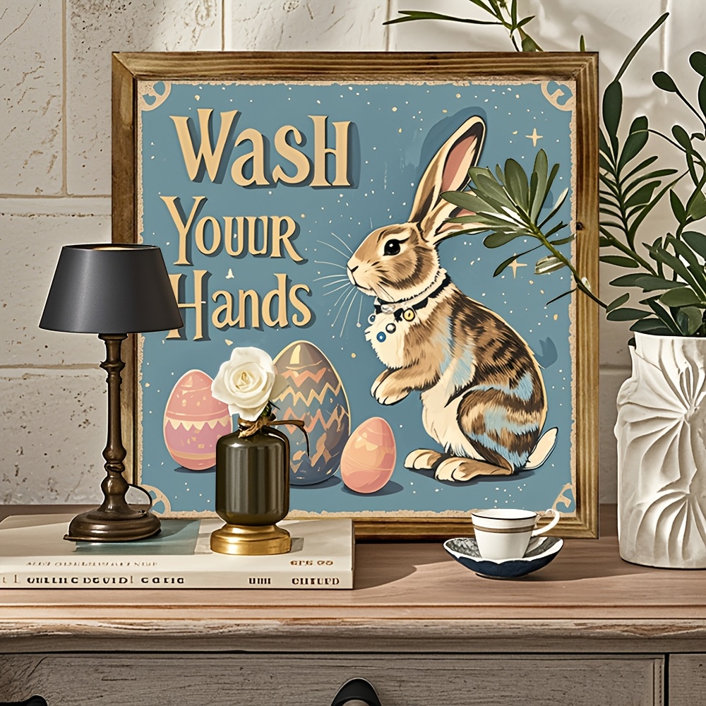 

Vintage Easter Bunny "wash Your Hands" Wooden Sign - 8x8 Inch Wall Decor With Rabbit & Egg Illustrations, Bathroom/home, Farmhouse Style, No Power Needed