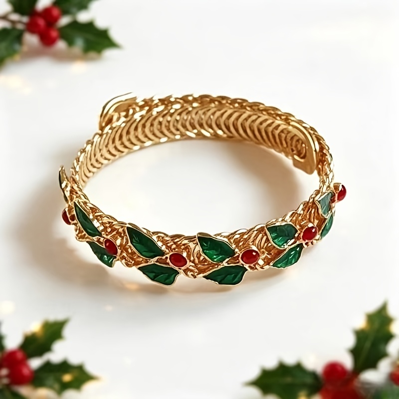 TEMU Christmas Winter Holly Leaf Hand Enamel Inlay Red Rhinestone Bracelet, Adjustable All-match Festive Atmosphere Women's Accessory