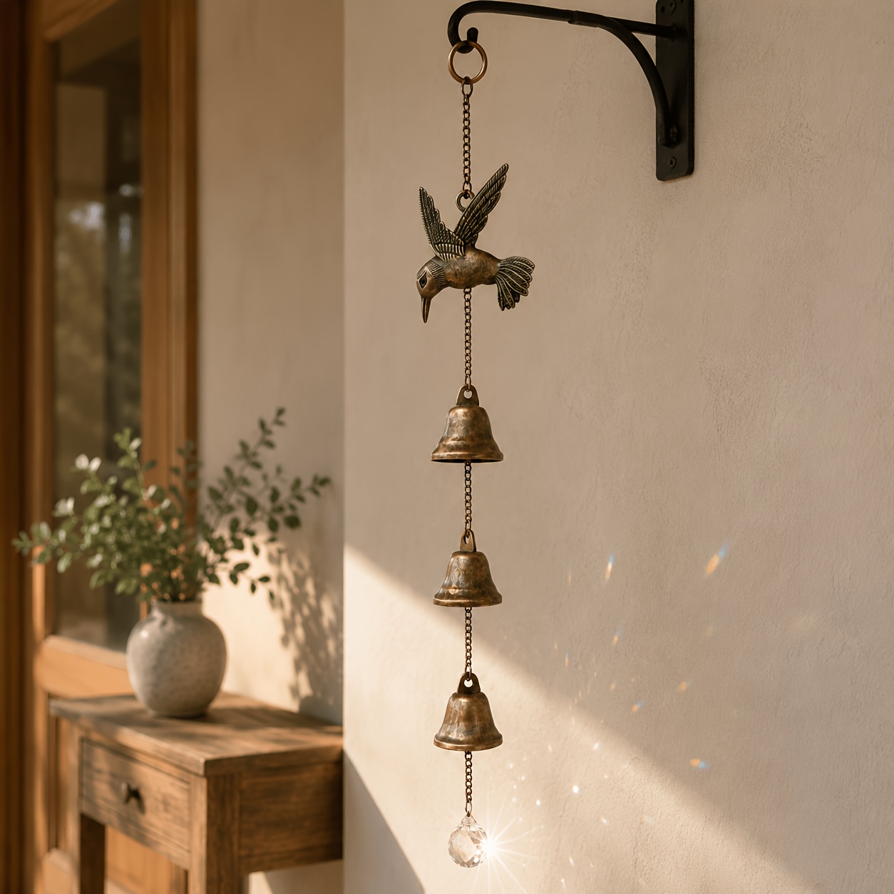 TEMU Carillon Suspendu 36Cm avec Attrape-Soleil en Cristal, Ornement de Jardin Oiseau à 3 Cloches pour Fenêtre, Porche, Patio, Balcon & Décoration