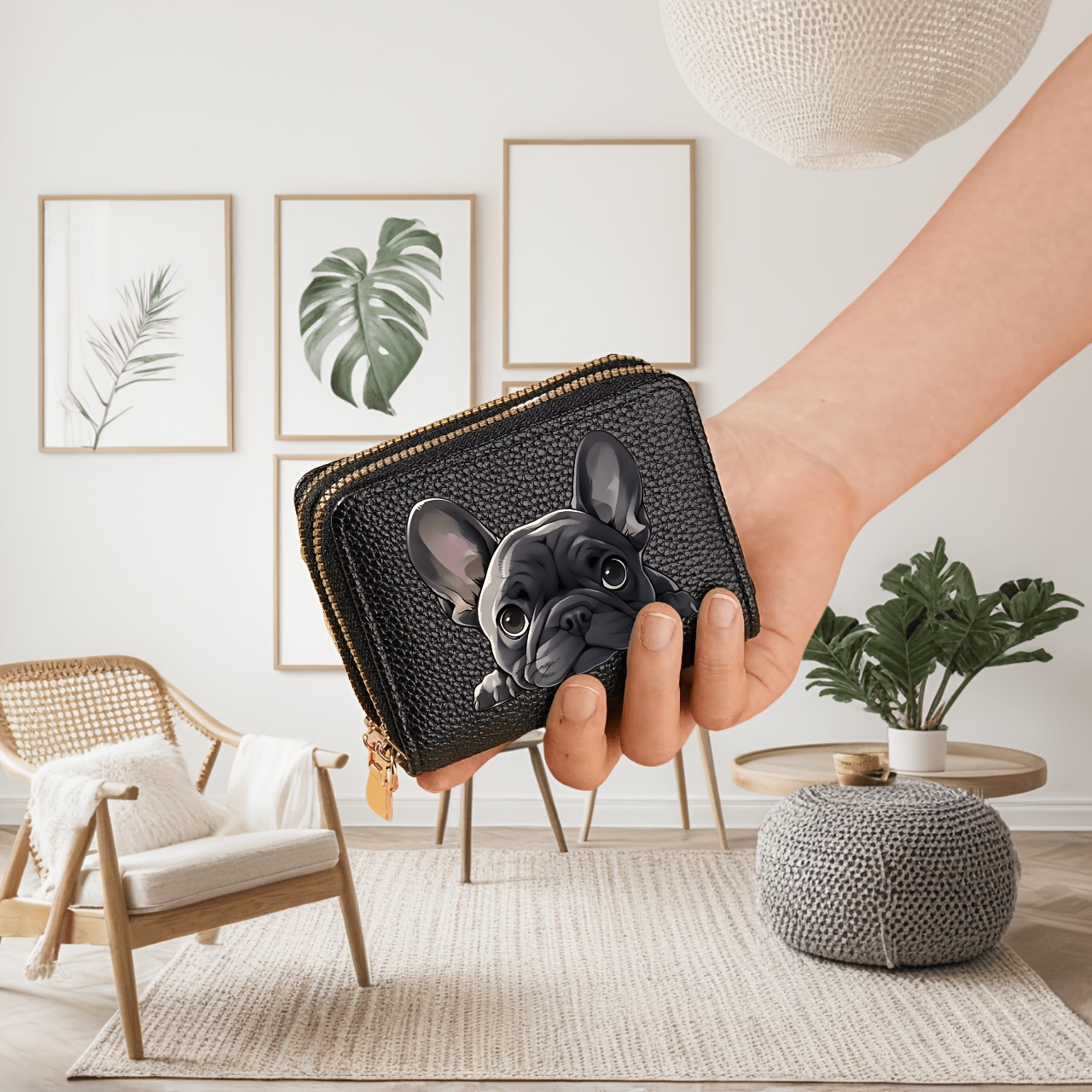 Image of 1 Cute French Bulldog Wallet - French Bulldog Print Double Zipper Card Holder And Coin Purse, Golden Zipper, Wallet, Birthday/christmas/halloween Gift