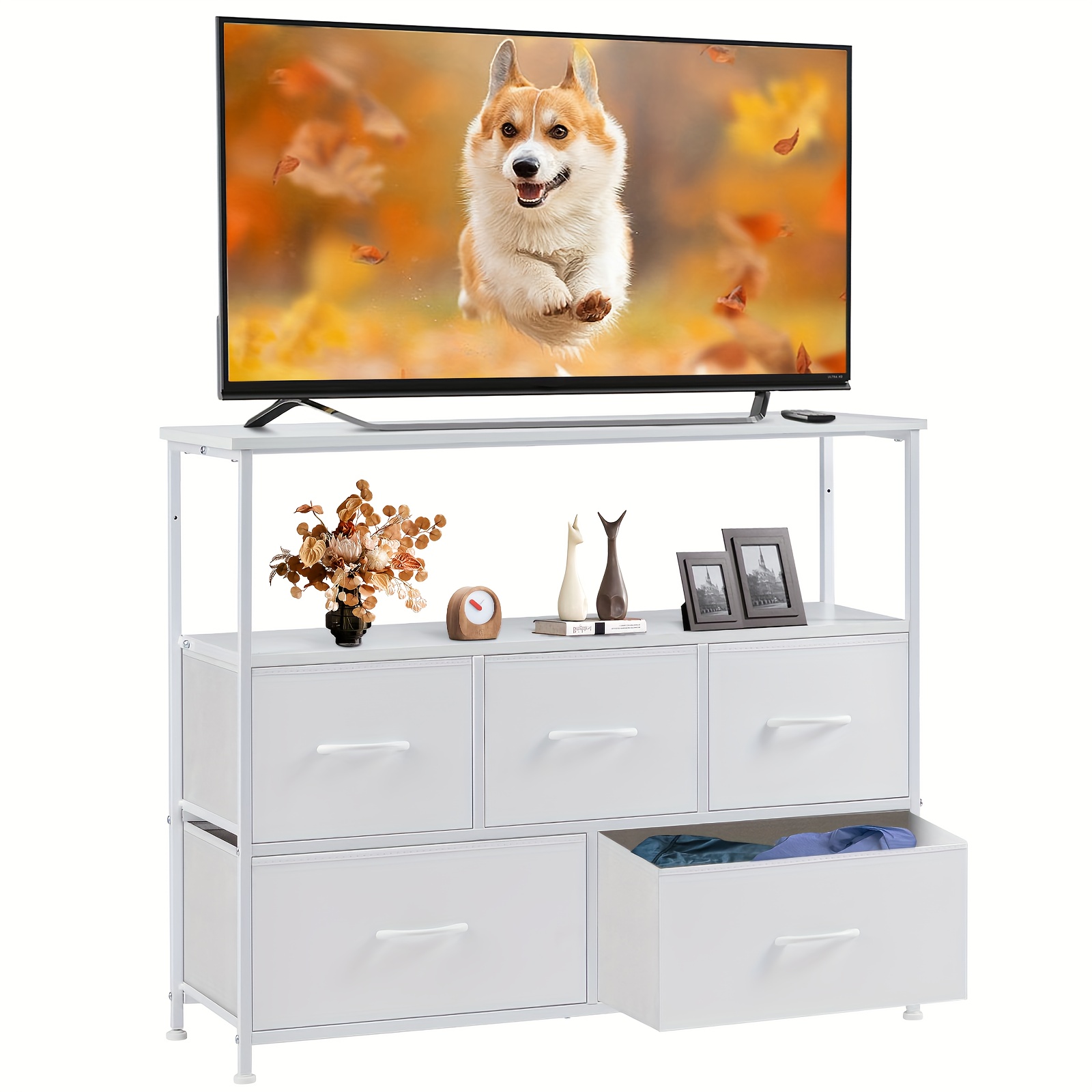 

Tv Stand Dresser For Bedroom With 5 Fabric Drawer, Entertainment Center For 45 Inch Television, Media Console Table With Storage, Open Shelf, Adjustable Feet, Living Room Furniture, White