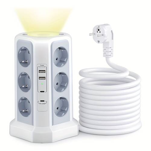 with 5 USB Ports, 8 Slots Multi-Outlet Voltage Protector with Switch, Extension Cord, Multi-Outlet Tower Suitable for Home and Office