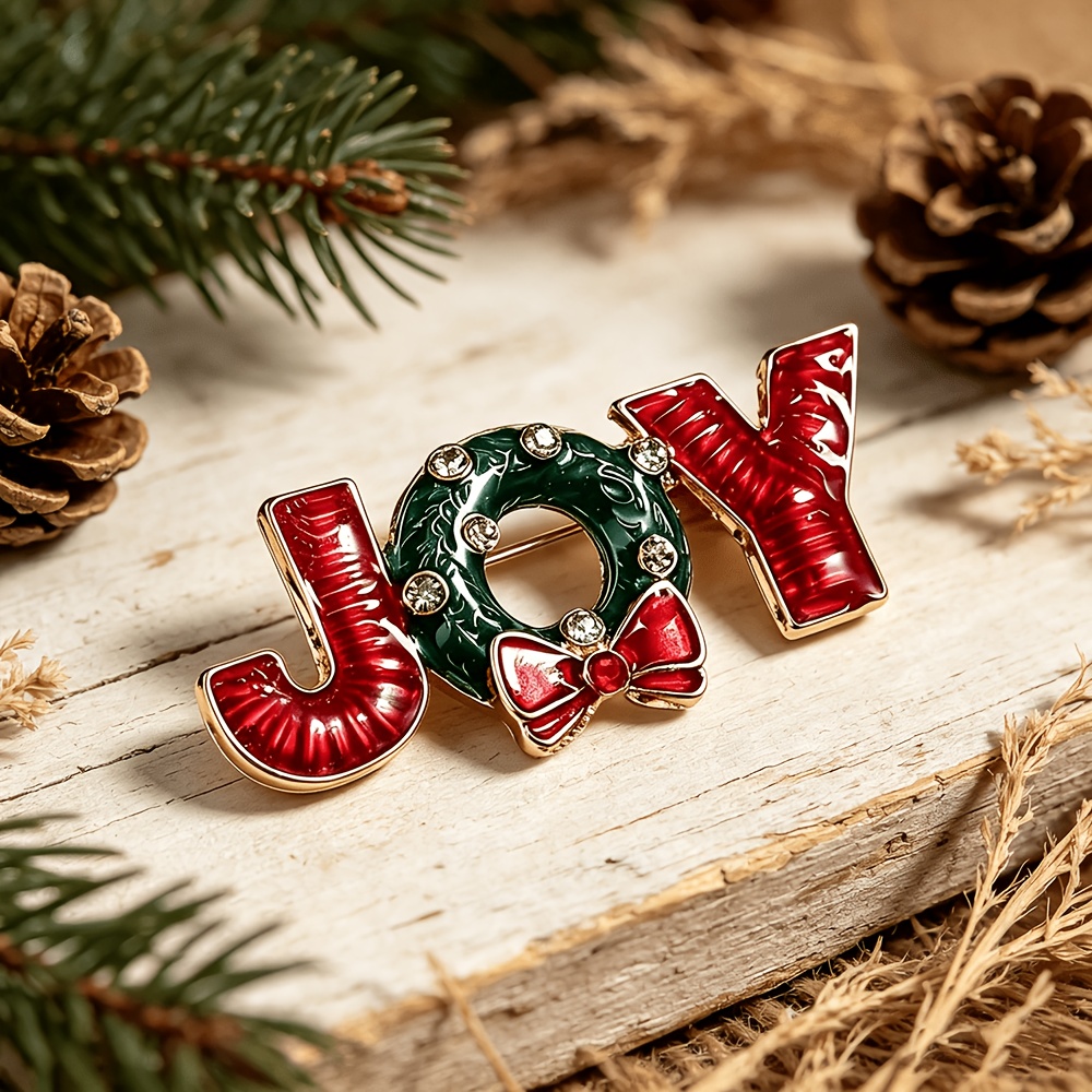 TEMU Elegante broche con la letra "JOY", color y verde esmaltado navideño. Incrustado con brillantes diamantes de , completo y , de llevar, unisex.